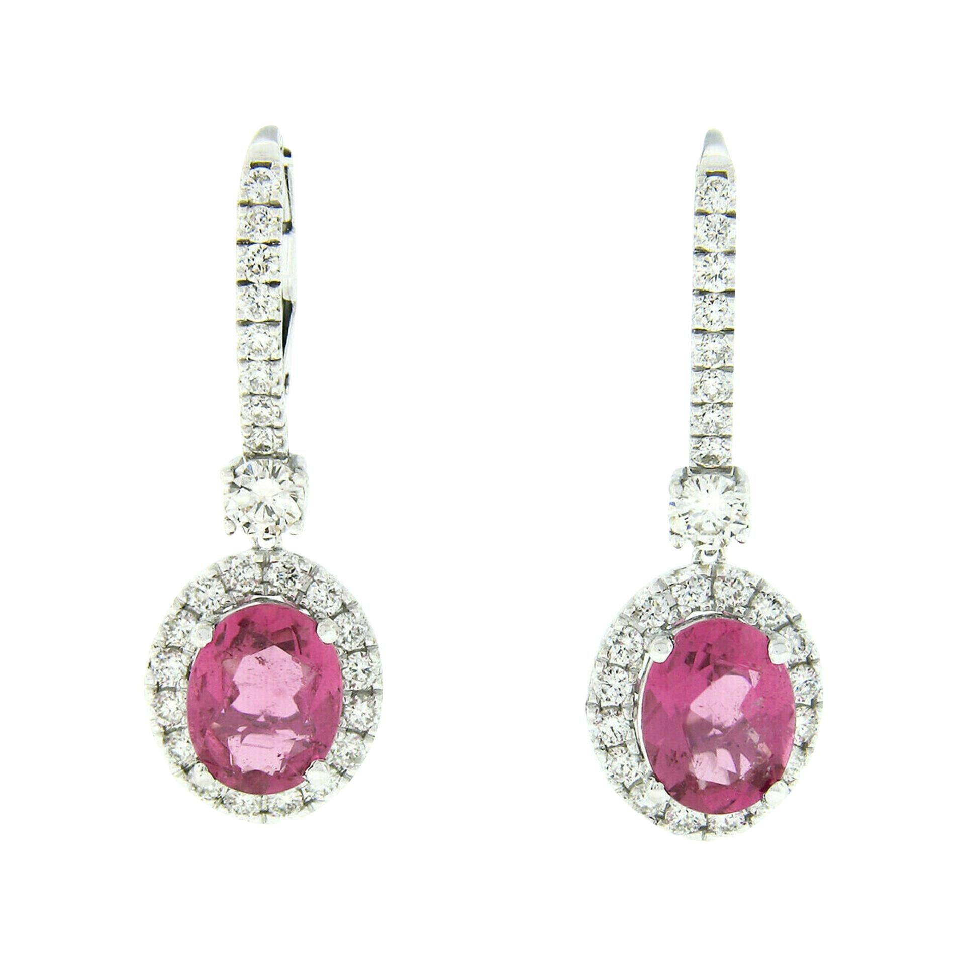 18k White Gold 6.45ctw Oval Cut Pink Tourmaline & Diamond Drop Dangle Earrings