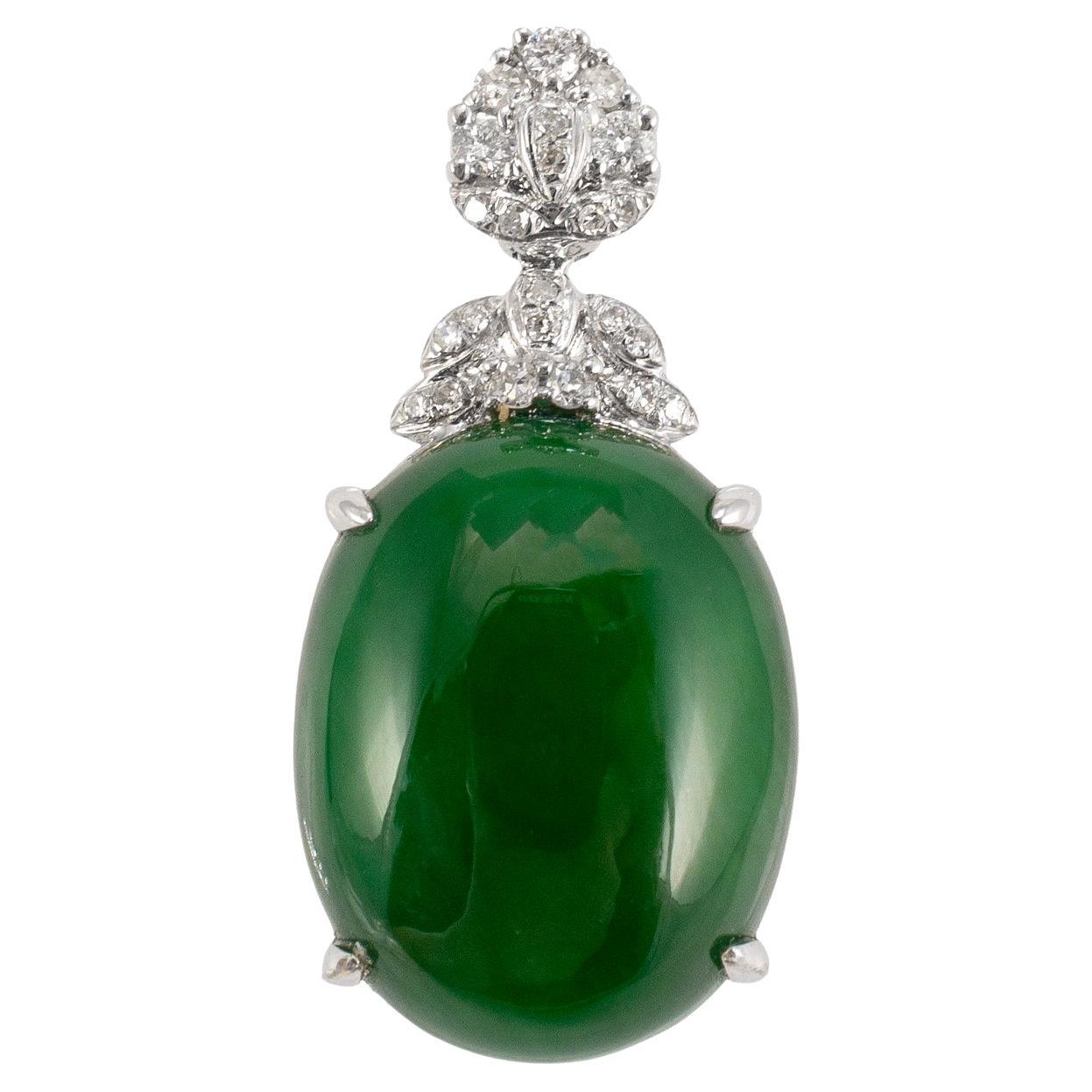 18K White Gold 6.50ct Egg Green Myanmar Jadeite Jade Diamond Charm Pendant