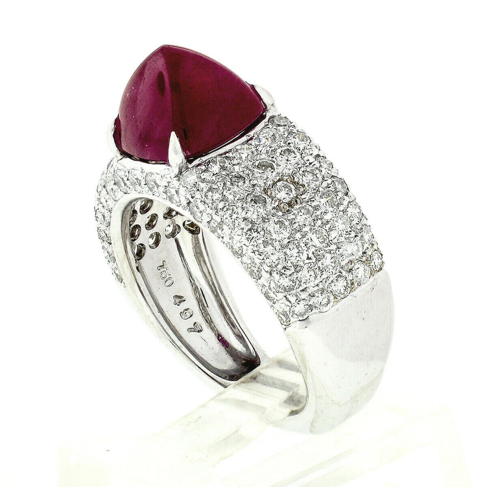 18k White Gold 6.57ctw AGL Cushion Sugarloaf Burma Ruby Round Diamond Band Ring In Excellent Condition In Montclair, NJ