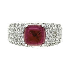 18k White Gold 6.57ctw AGL Cushion Sugarloaf Burma Ruby Round Diamond Band Ring