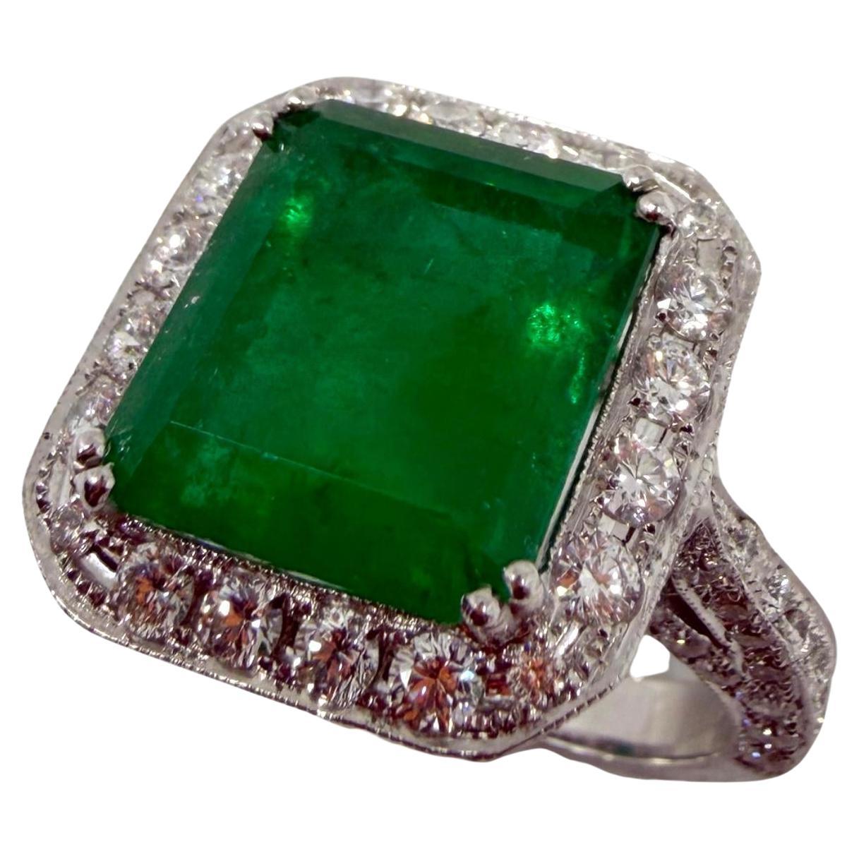 18K White Gold 6.58 Carat Emerald Cut Emerald and Diamond Ring -Size 7 For Sale