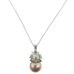 18K White Gold .65ct Diamond and Pink Pearl Pendant Necklace