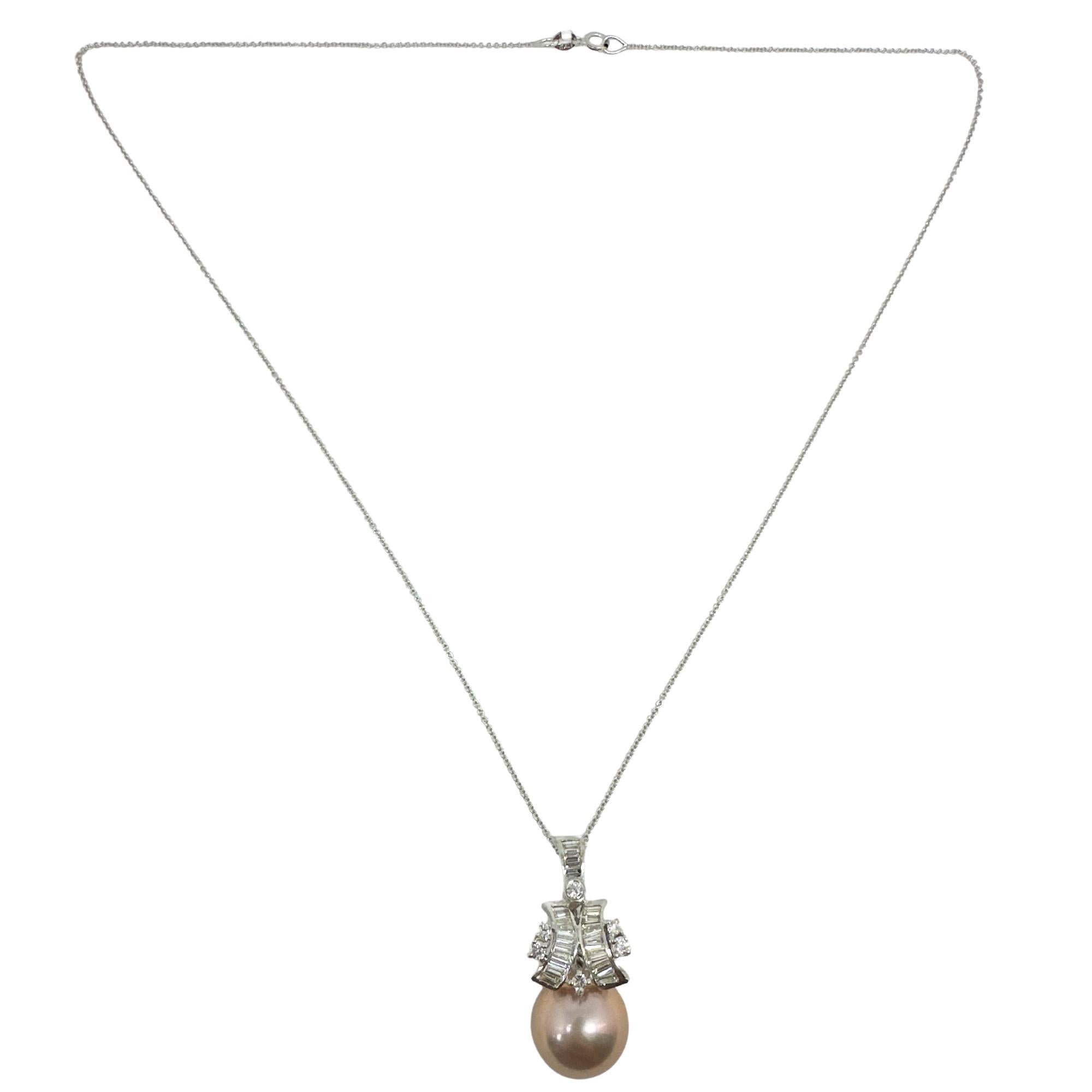 Collar Colgante Oro Blanco 18K .65ct Diamante y Perla Rosa Corte redondo en venta
