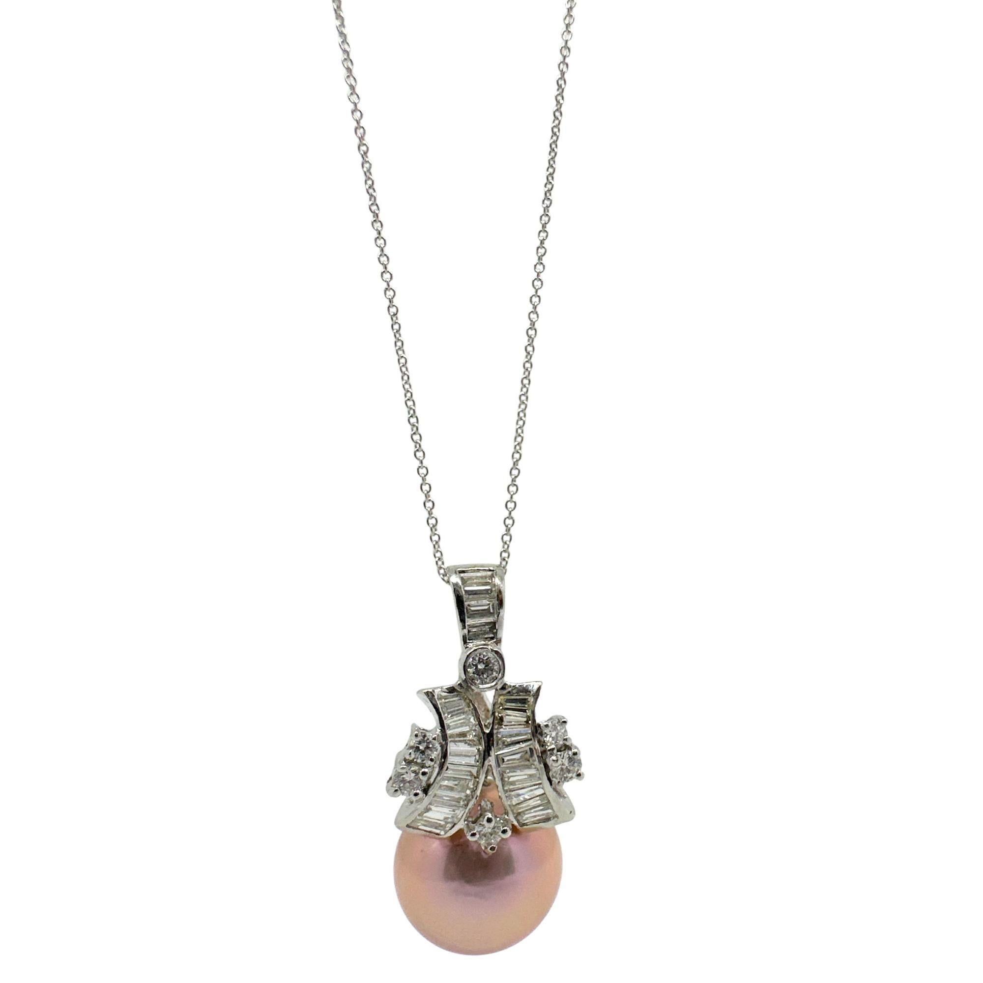 De las mujeres Collar Colgante Oro Blanco 18K .65ct Diamante y Perla Rosa en venta