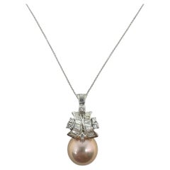 18K White Gold .65ct Diamond and Pink Pearl Pendant Necklace
