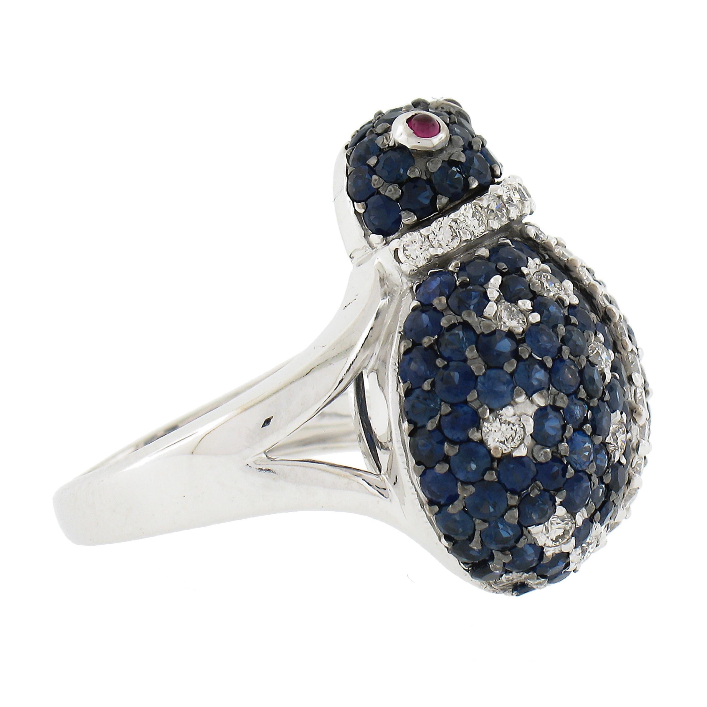 Women's 18K White Gold 6.60ctw Sapphire Diamond & Ruby Lady Bug Statement Cocktail Ring For Sale