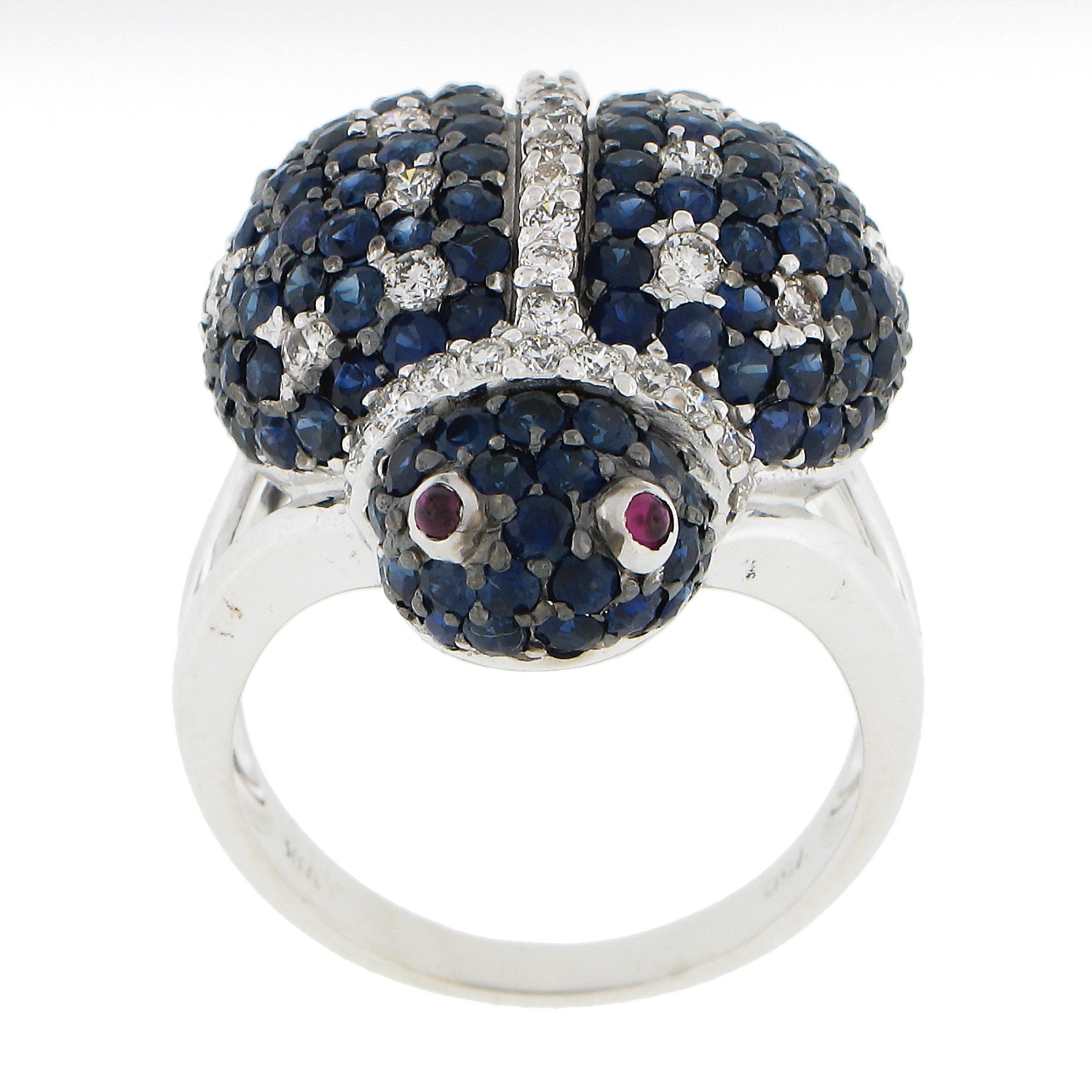 18K White Gold 6.60ctw Sapphire Diamond & Ruby Lady Bug Statement Cocktail Ring For Sale 3