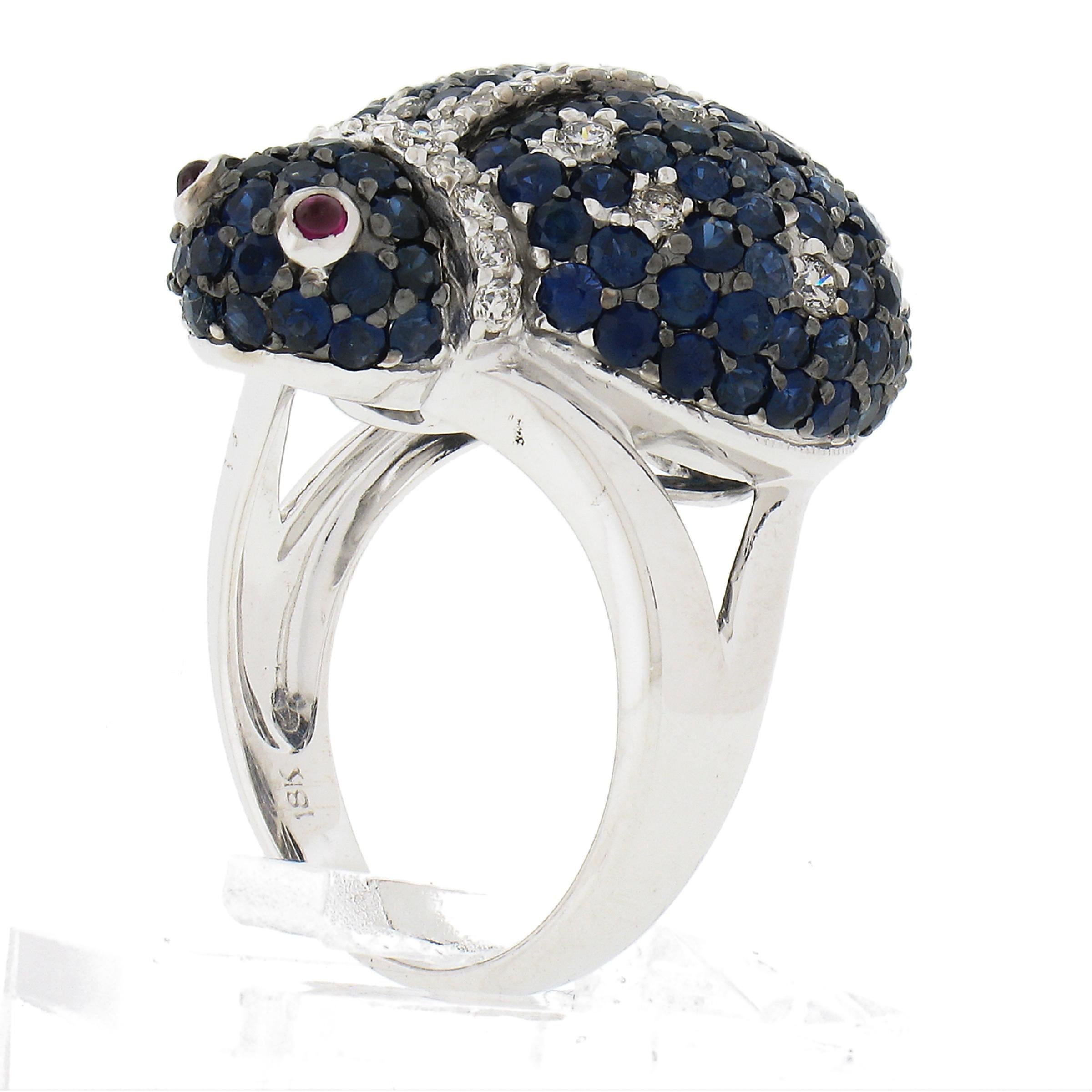 18K White Gold 6.60ctw Sapphire Diamond & Ruby Lady Bug Statement Cocktail Ring For Sale 4