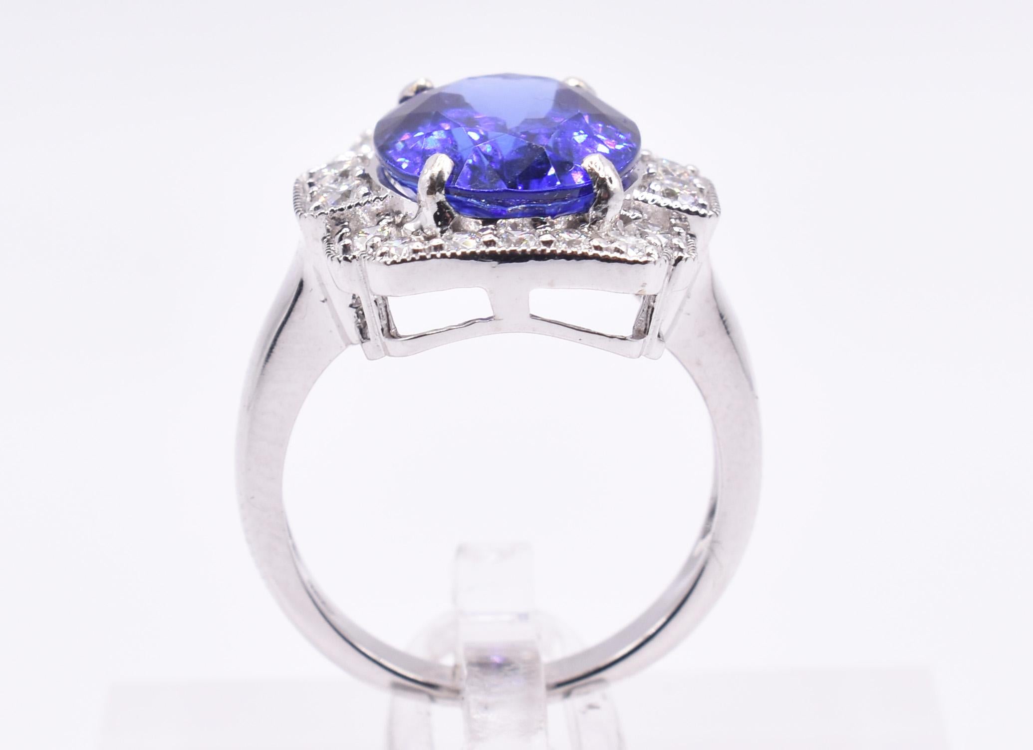 Cushion Cut 18k White Gold 6.62ct Tanzanite and Diamond Ring For Sale