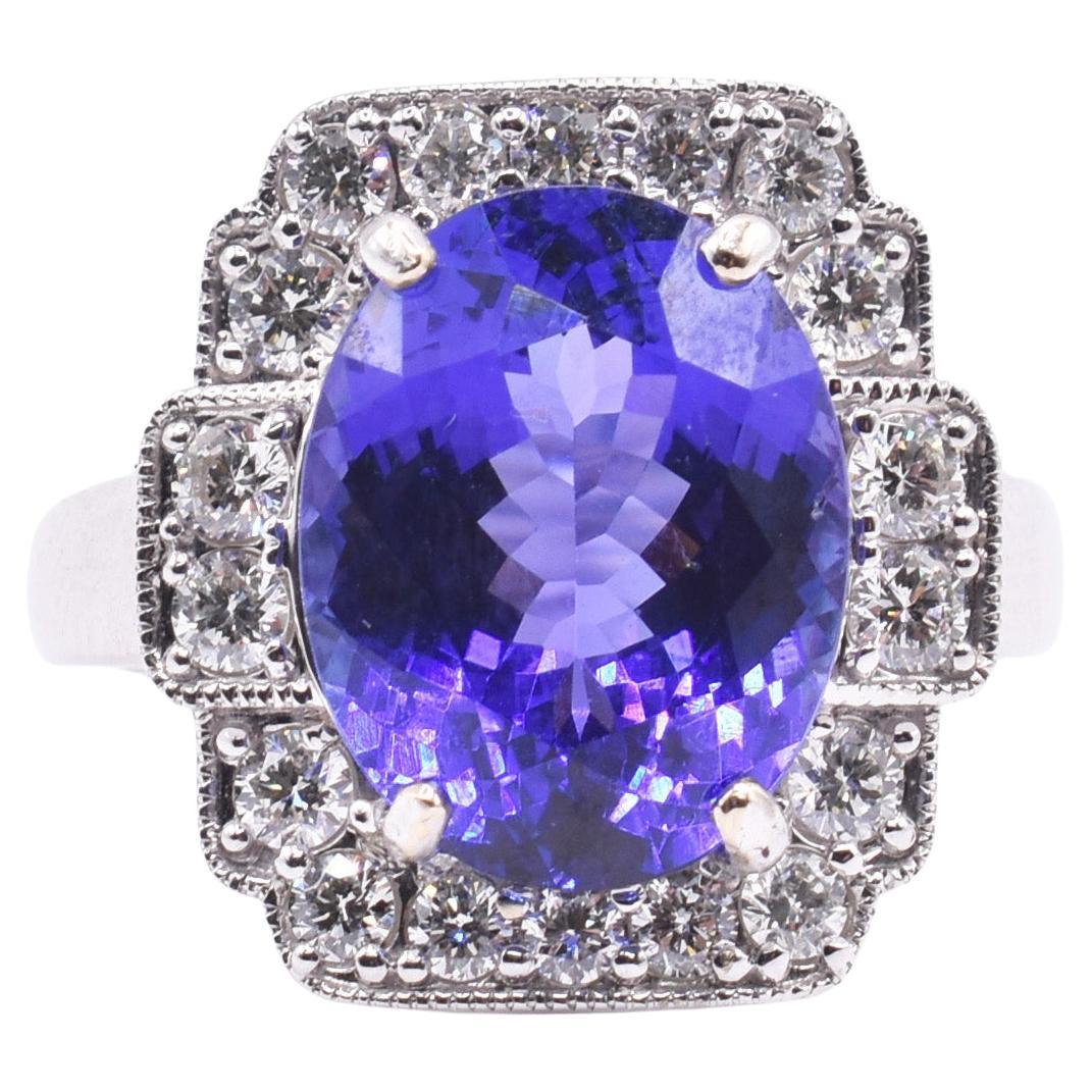 18k White Gold 6.62ct Tanzanite and Diamond Ring For Sale