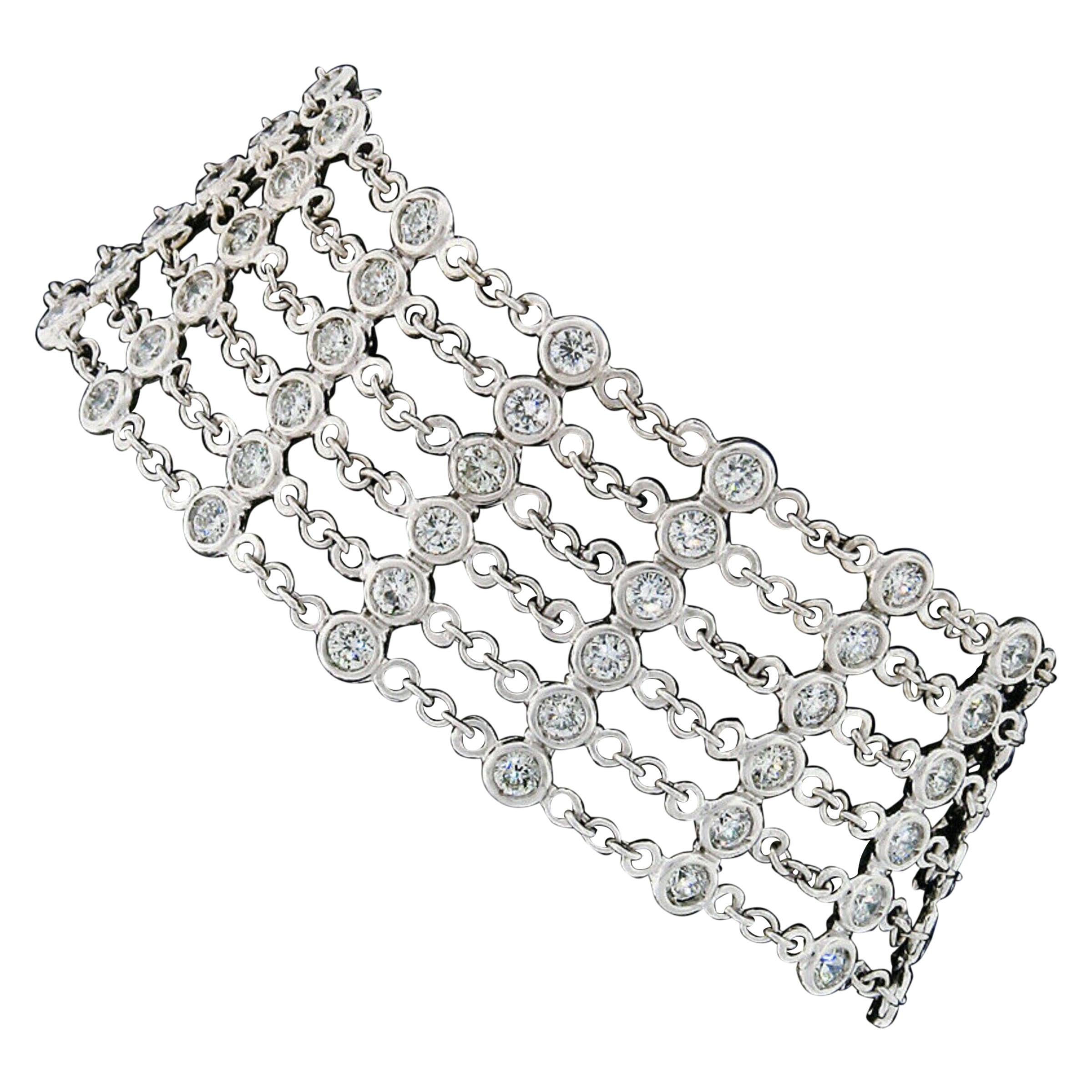 18k White Gold 6.65ct 6 Row Diamond by the Yard Wide Flexible Statement Bracelet For Sale