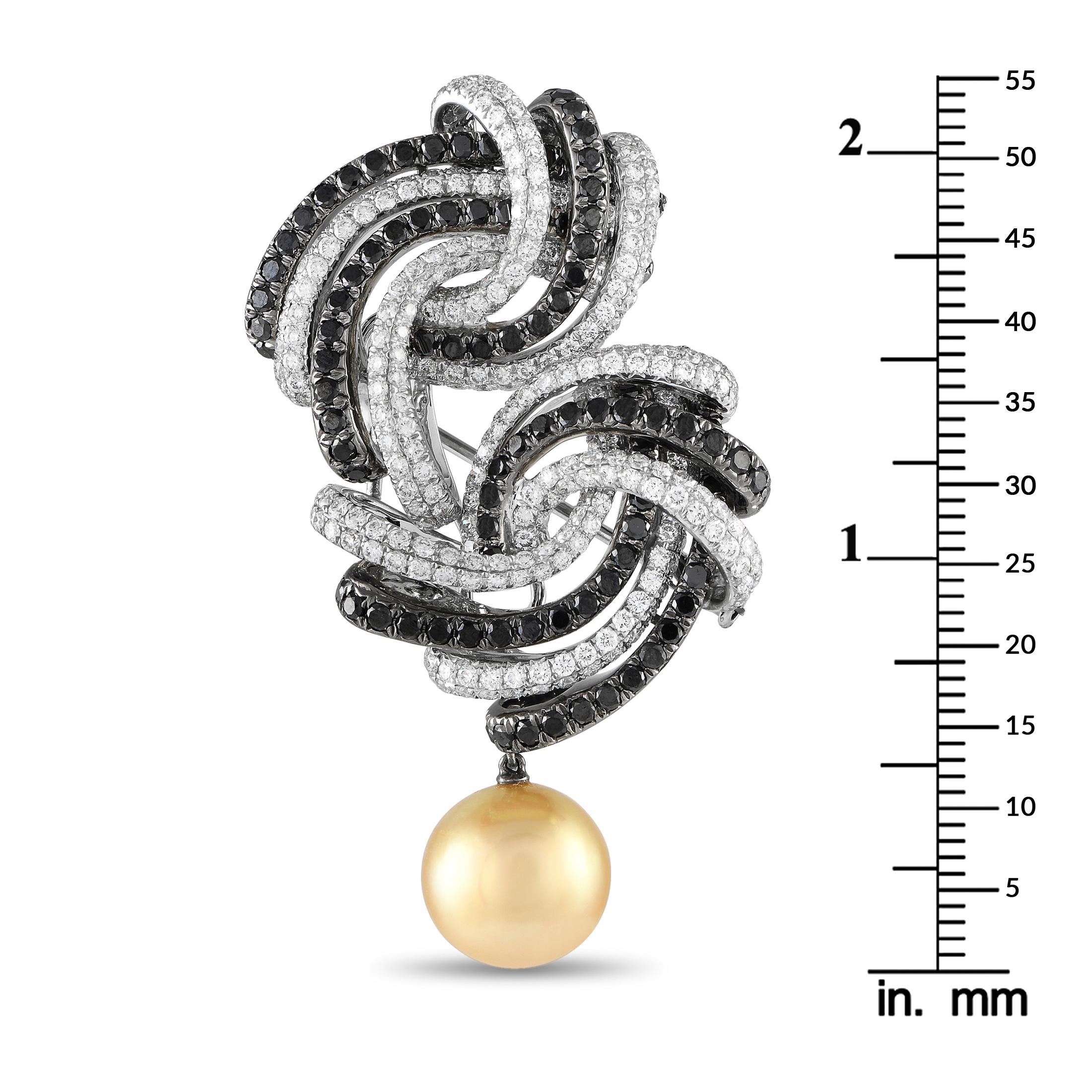 Round Cut 18K White Gold 6.75ct White and Black Diamond, Pearl Brooch  For Sale