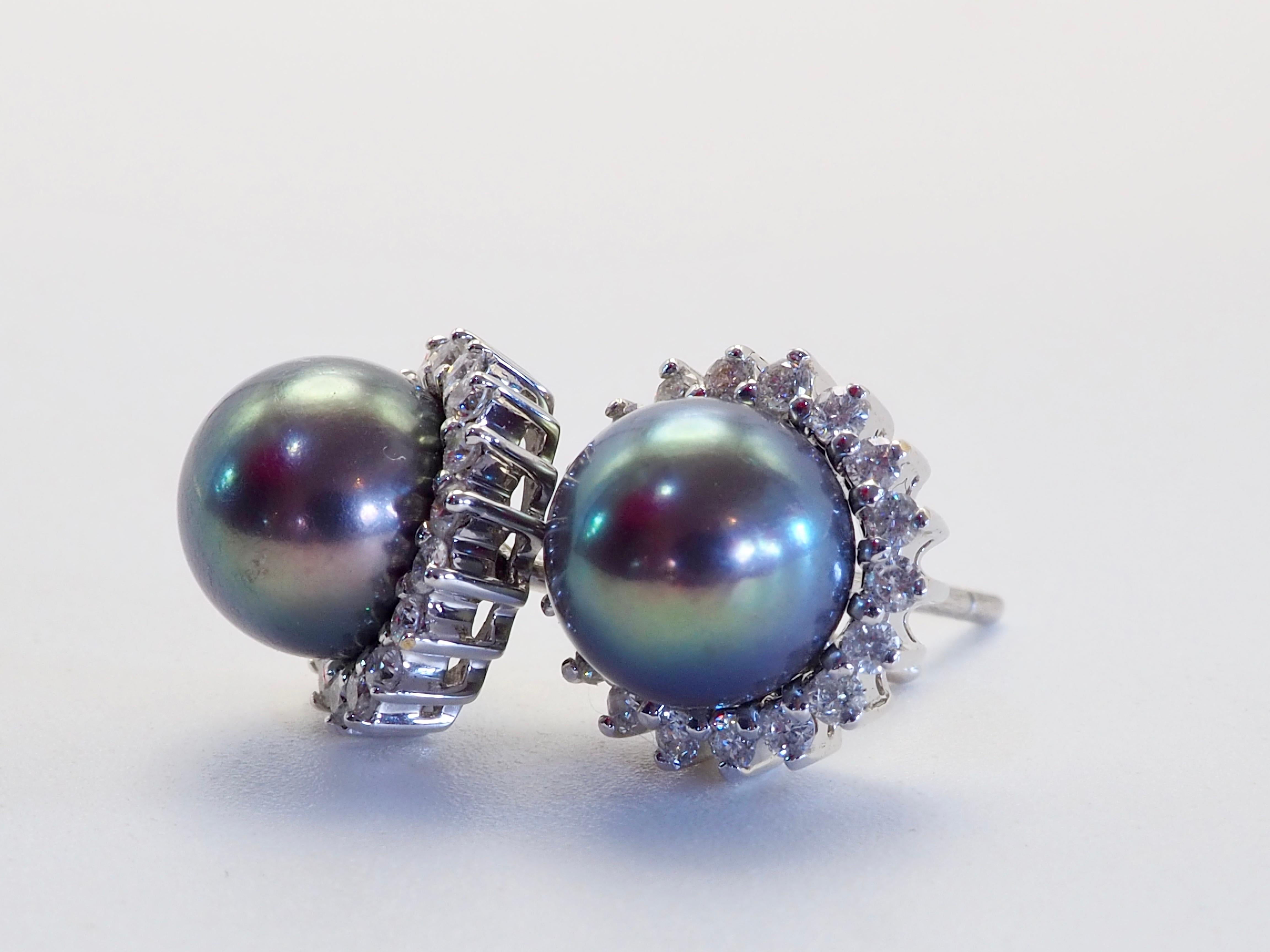 Bead 18K White Gold 6.8mm Tahiti Pearl & 0.33ct Diamond Sunburst Stud Earrings