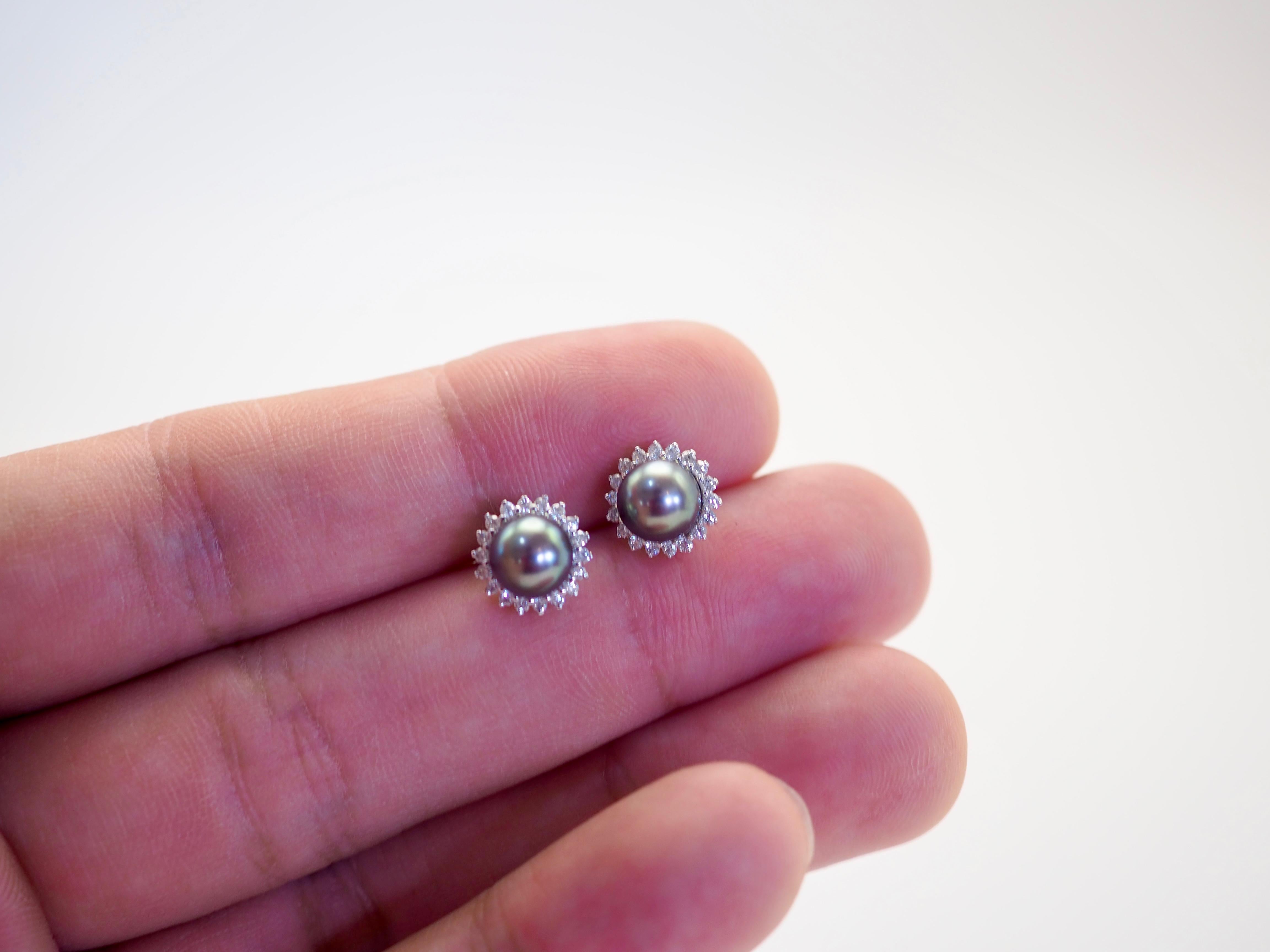 Women's or Men's 18K White Gold 6.8mm Tahiti Pearl & 0.33ct Diamond Sunburst Stud Earrings