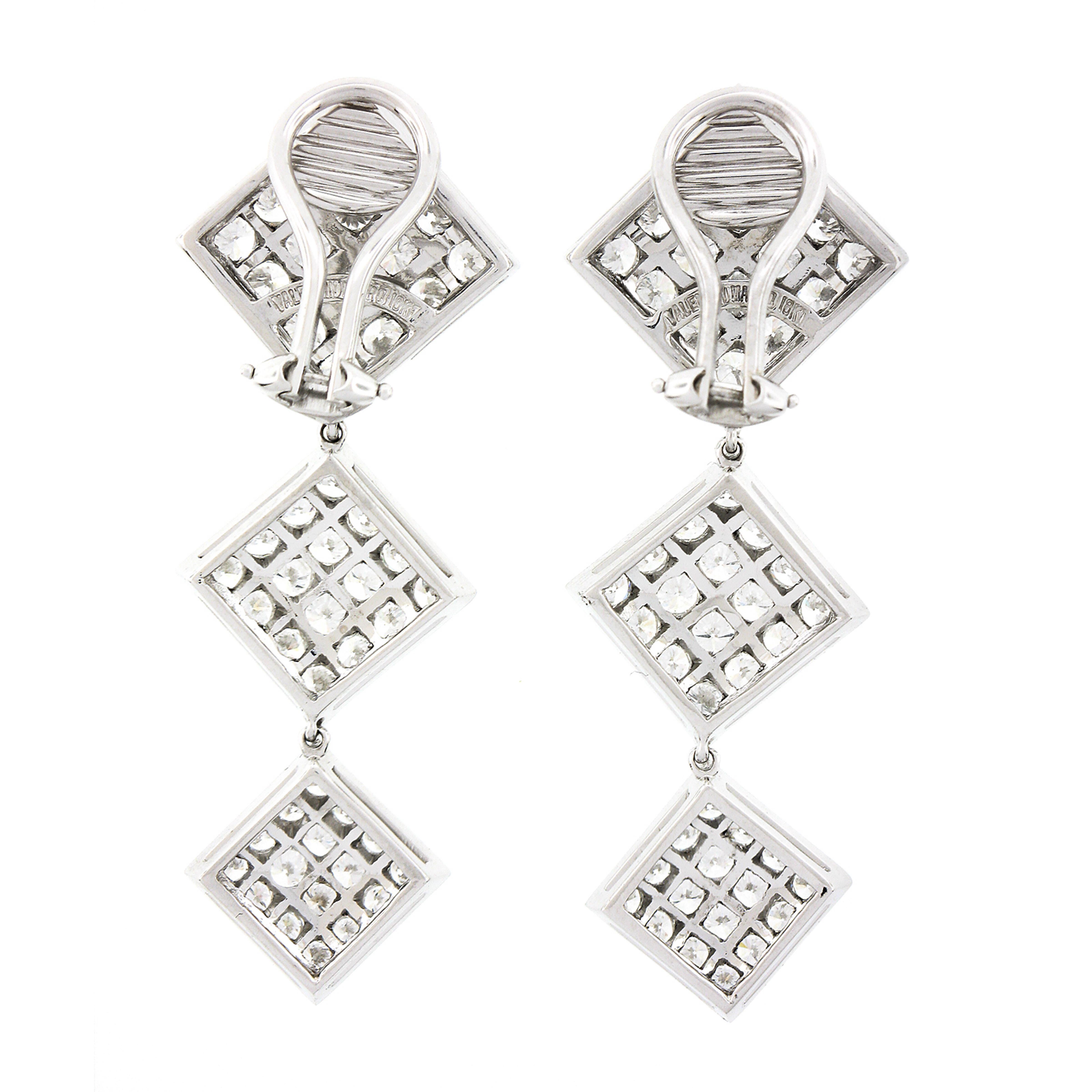 Women's 18k White Gold 6ctw Pave VVS E Diamond Graduated Drop Square Dangle Earrings For Sale