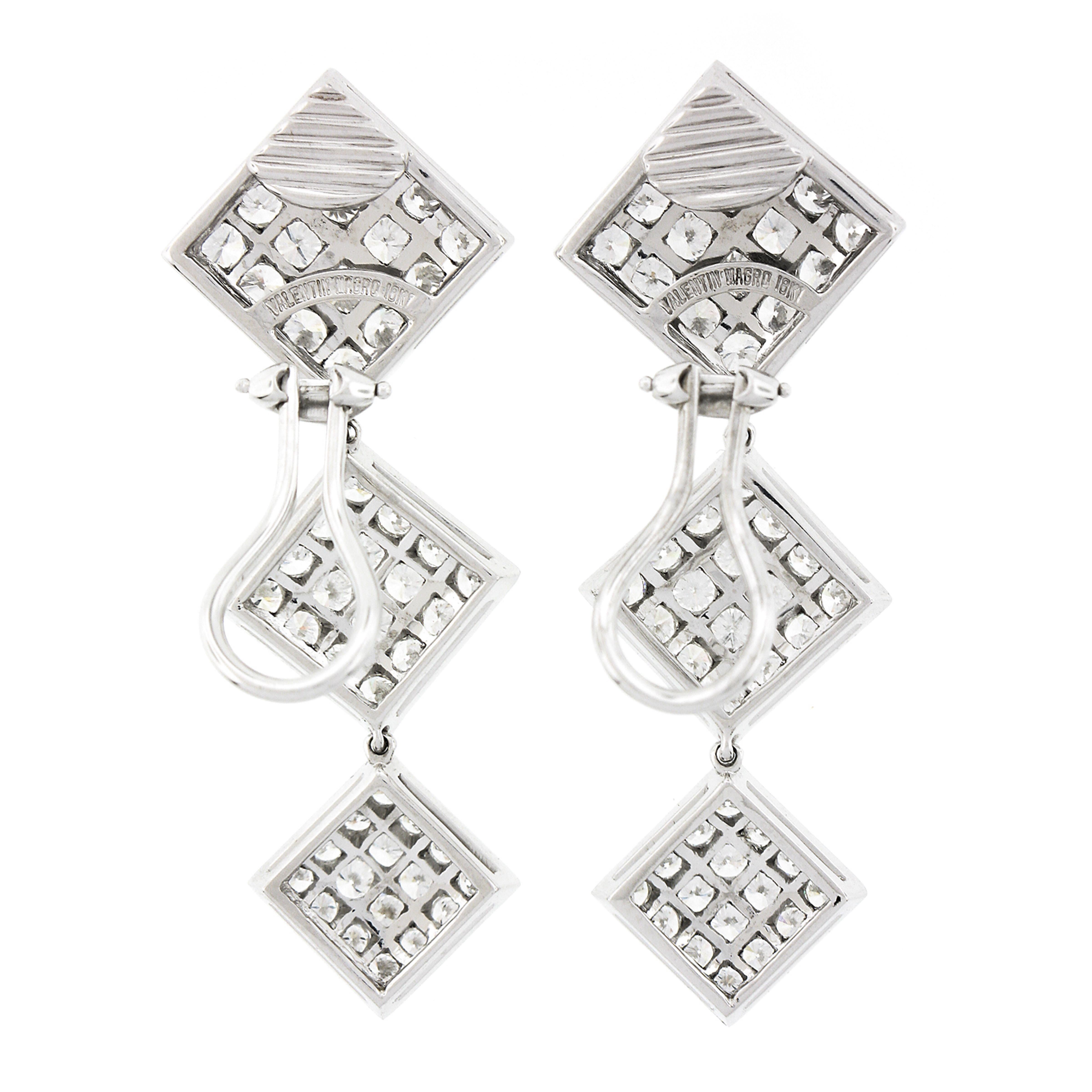 18k White Gold 6ctw Pave VVS E Diamond Graduated Drop Square Dangle Earrings For Sale 1