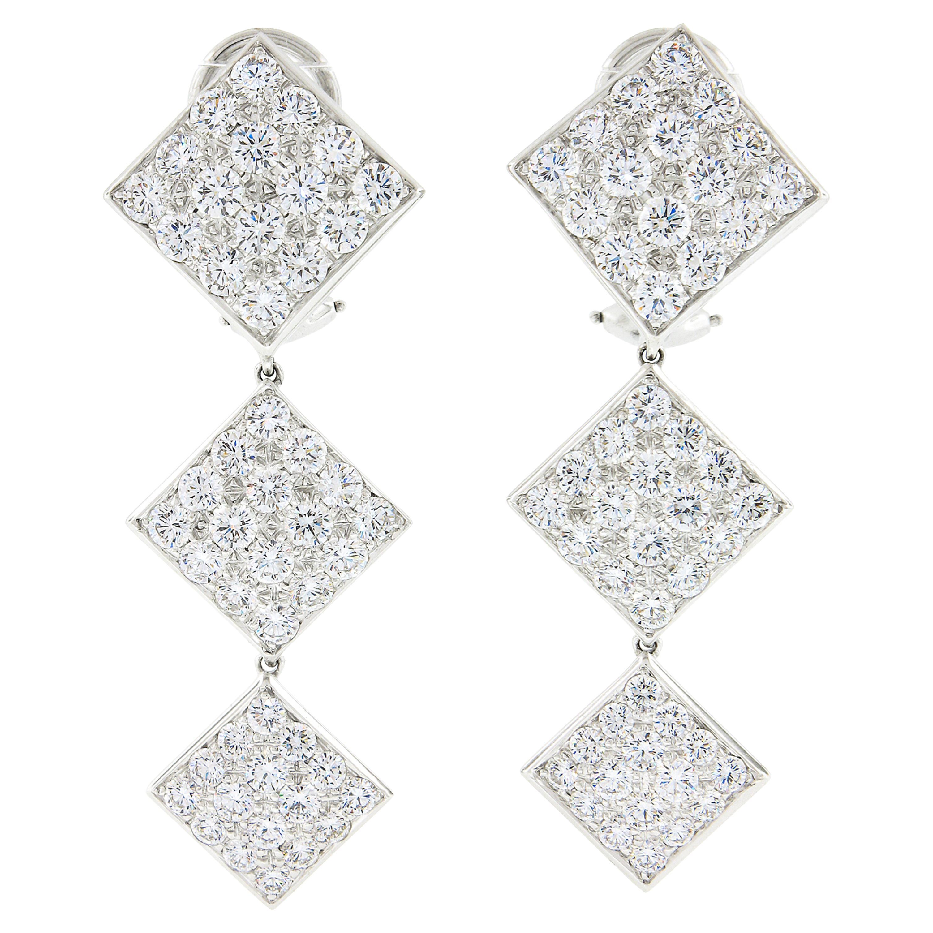 18k White Gold 6ctw Pave VVS E Diamond Graduated Drop Square Dangle Earrings For Sale