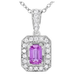 18K White Gold Pink Sapphire and 1/4 Carat Round Diamond Pendant Necklace
