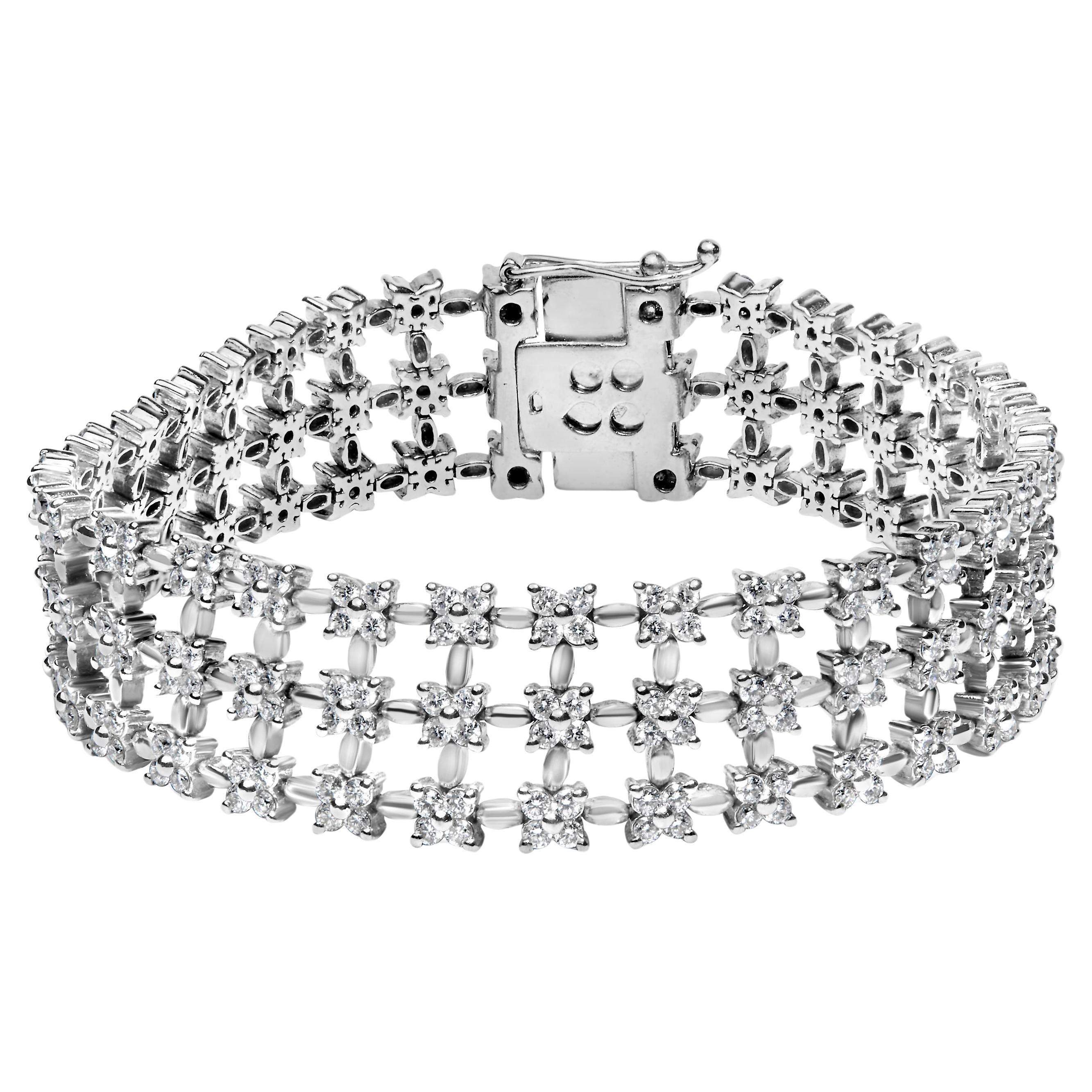 18K White Gold 7 1/2 Cttw Diamond 3 Row Floral Link Bracelet