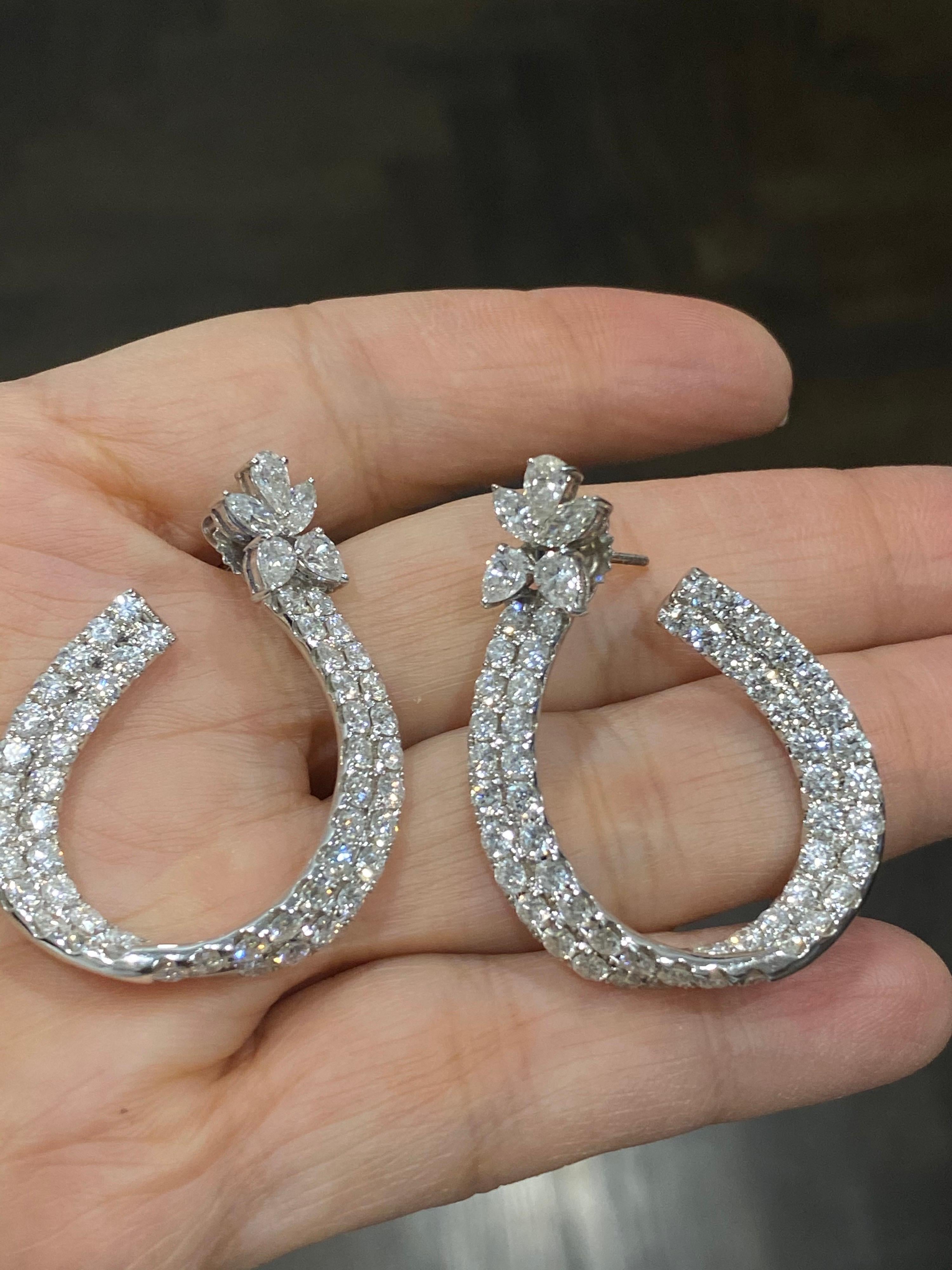 Modern 7 Carat Marquise and Round Cut Diamond Gold Hoop Earrings In Excellent Condition In New York, NY