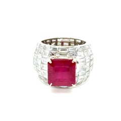 18k White Gold 7 Carat Emerald Cut Ruby and 10 carats of Diamonds Ring