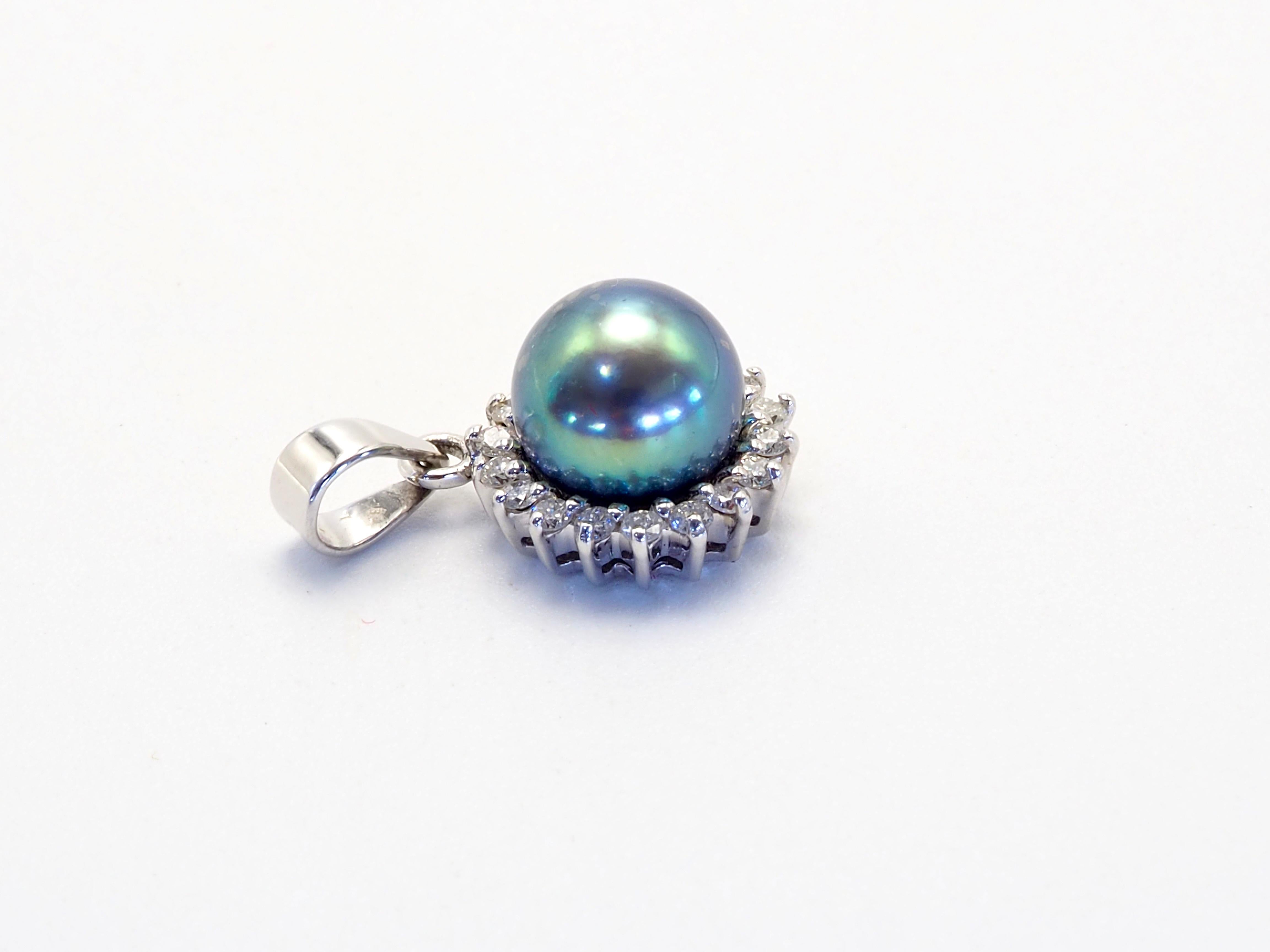 Bead 18K White Gold 7 mm Greenish Black Tahitian Pearl & 0.17 Diamond Pendant For Sale
