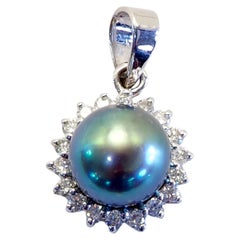 18K White Gold 7 mm Greenish Black Tahitian Pearl & 0.17 Diamond Pendant