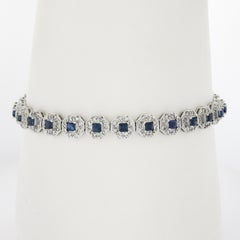 18K White Gold 7" Round Diamond & Square Sapphire Line Hexagon Bracelet