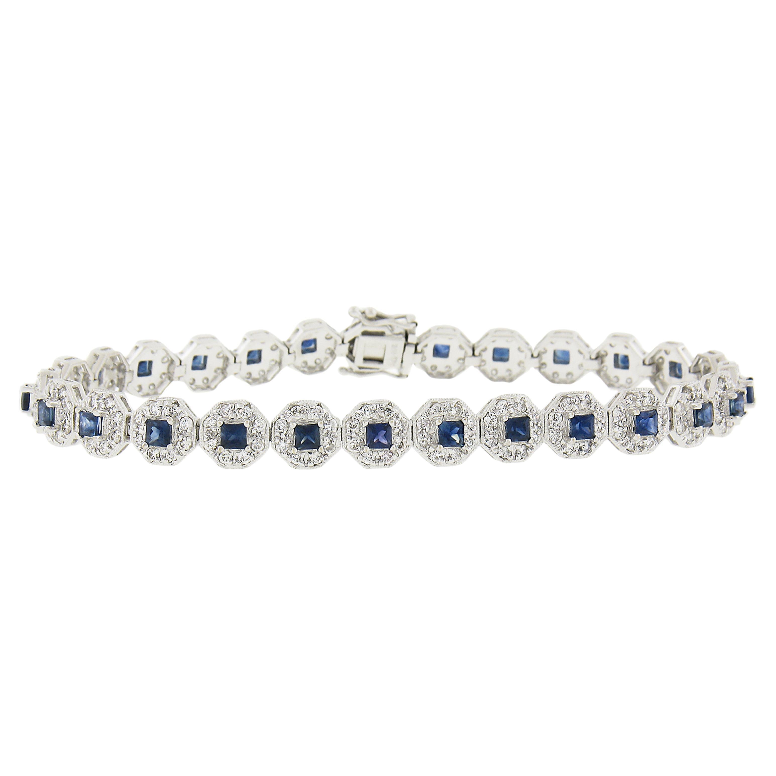 18K White Gold 7" Round Diamond & Square Sapphire Line Hexagon Bracelet For Sale