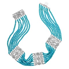 18k White Gold 7-Strand Turquoise & Diamond Necklace