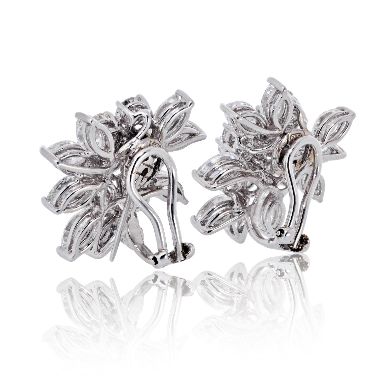 Taille Marquise Boucles d'oreilles en or blanc 18K avec diamants ronds et taillés en marquise 7.00cttw en vente