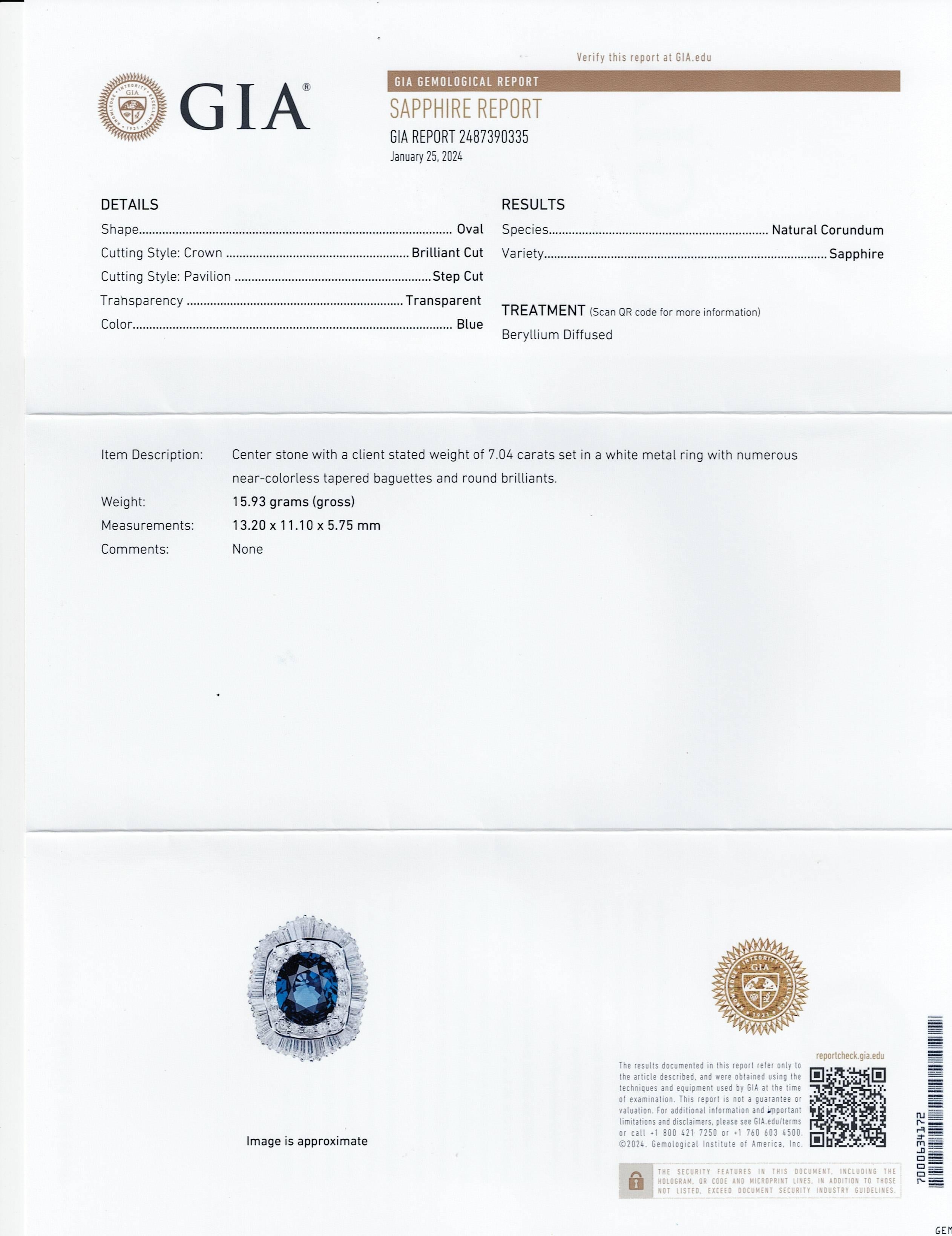 GIA 18K White Gold 7.04ct Clean Blue Sapphire & 3.37ct Diamond Ballerina Ring For Sale 4