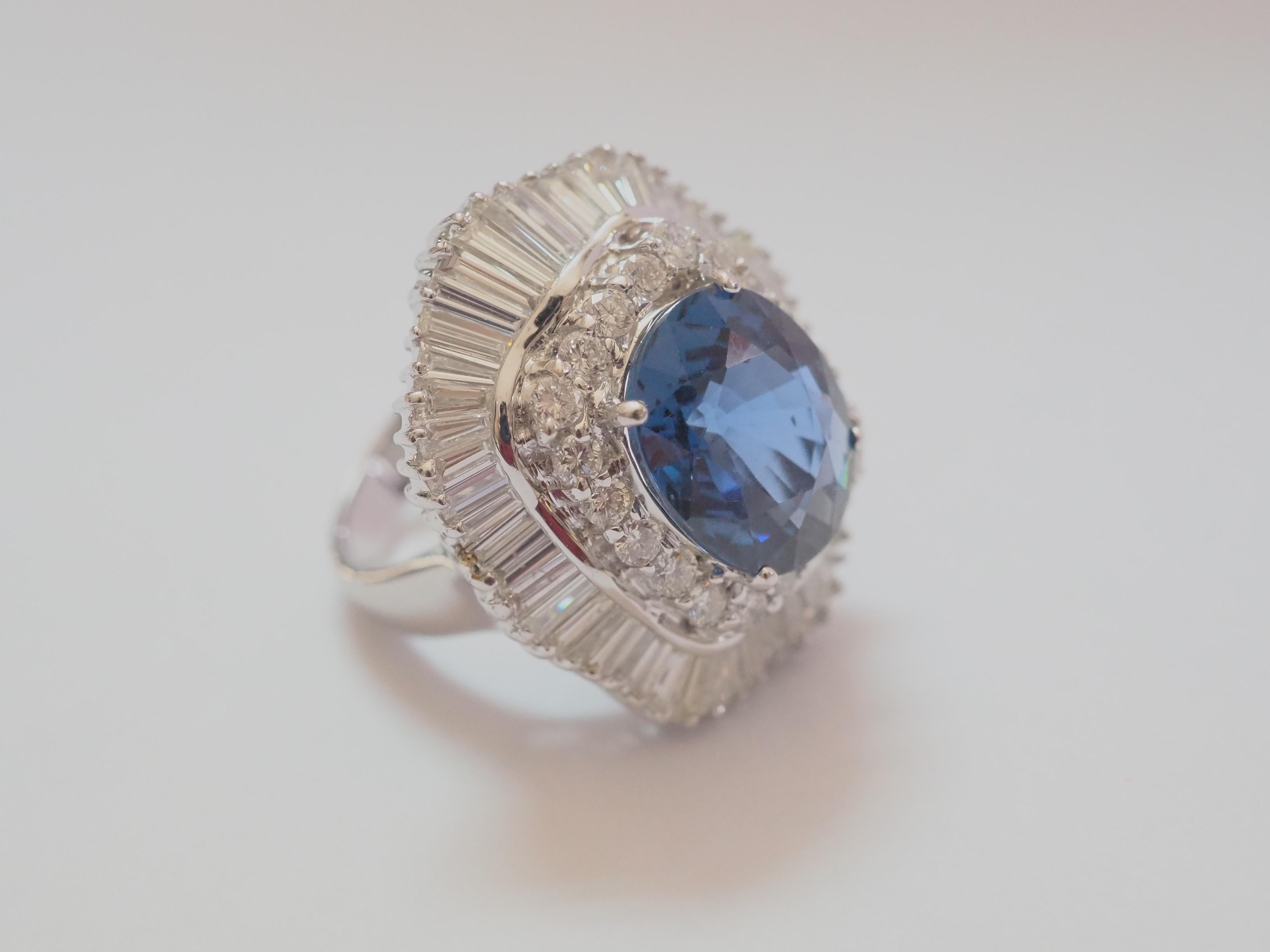 Women's 18K White Gold 7.04ct Eye Clean Blue Sapphire & 3.37ct Diamond Ballerina Ring For Sale
