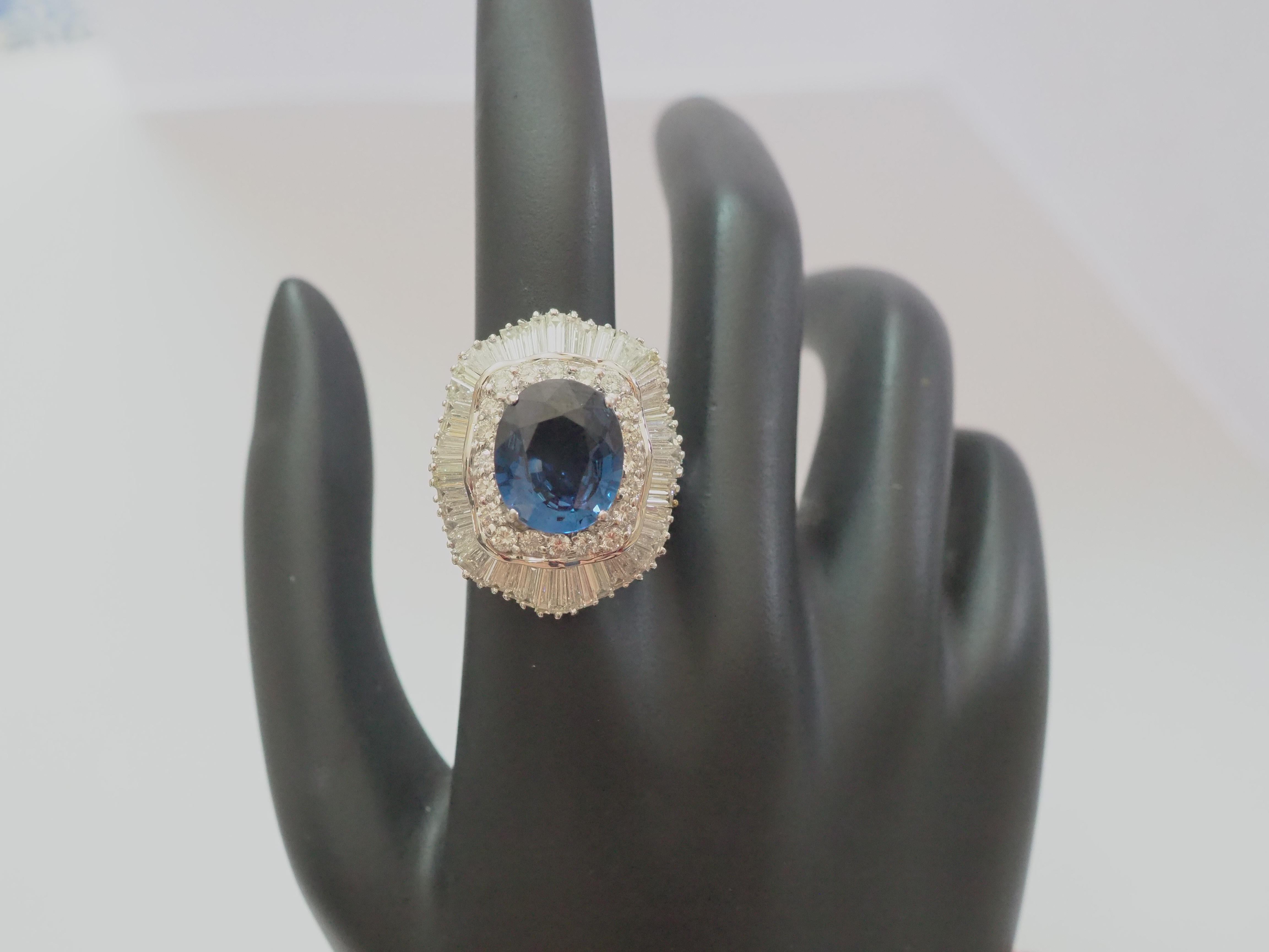 18K White Gold 7.04ct Eye Clean Blue Sapphire & 3.37ct Diamond Ballerina Ring For Sale 2