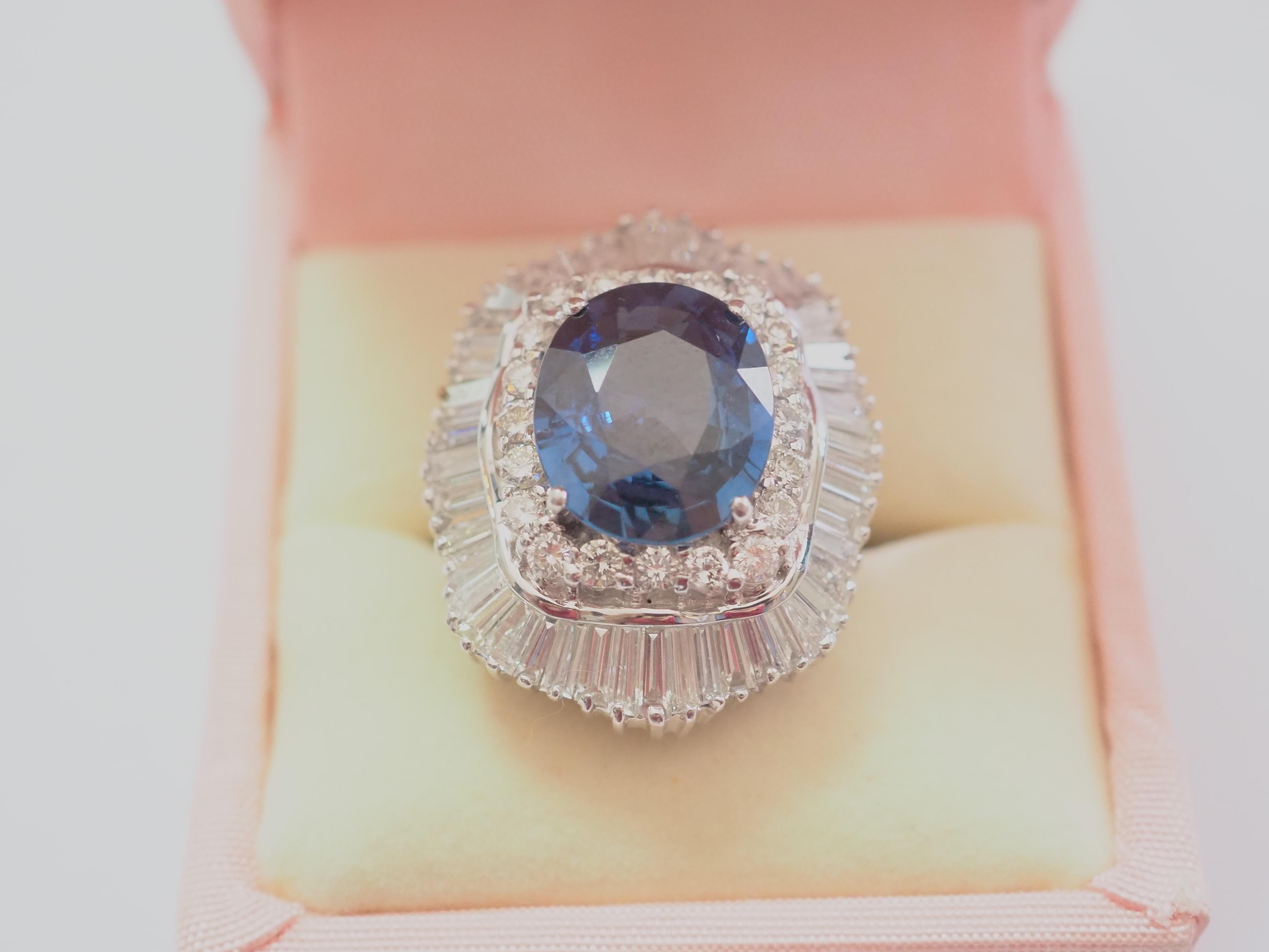 18K White Gold 7.04ct Eye Clean Blue Sapphire & 3.37ct Diamond Ballerina Ring For Sale 3