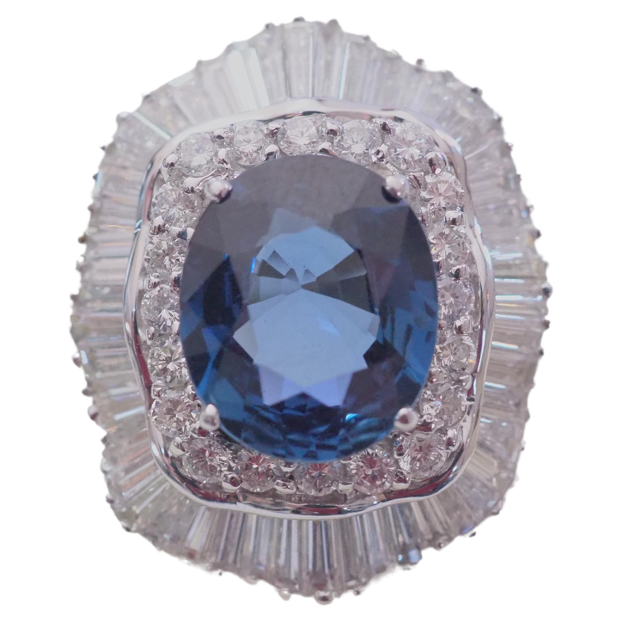 18K White Gold 7.04ct Eye Clean Blue Sapphire & 3.37ct Diamond Ballerina Ring For Sale