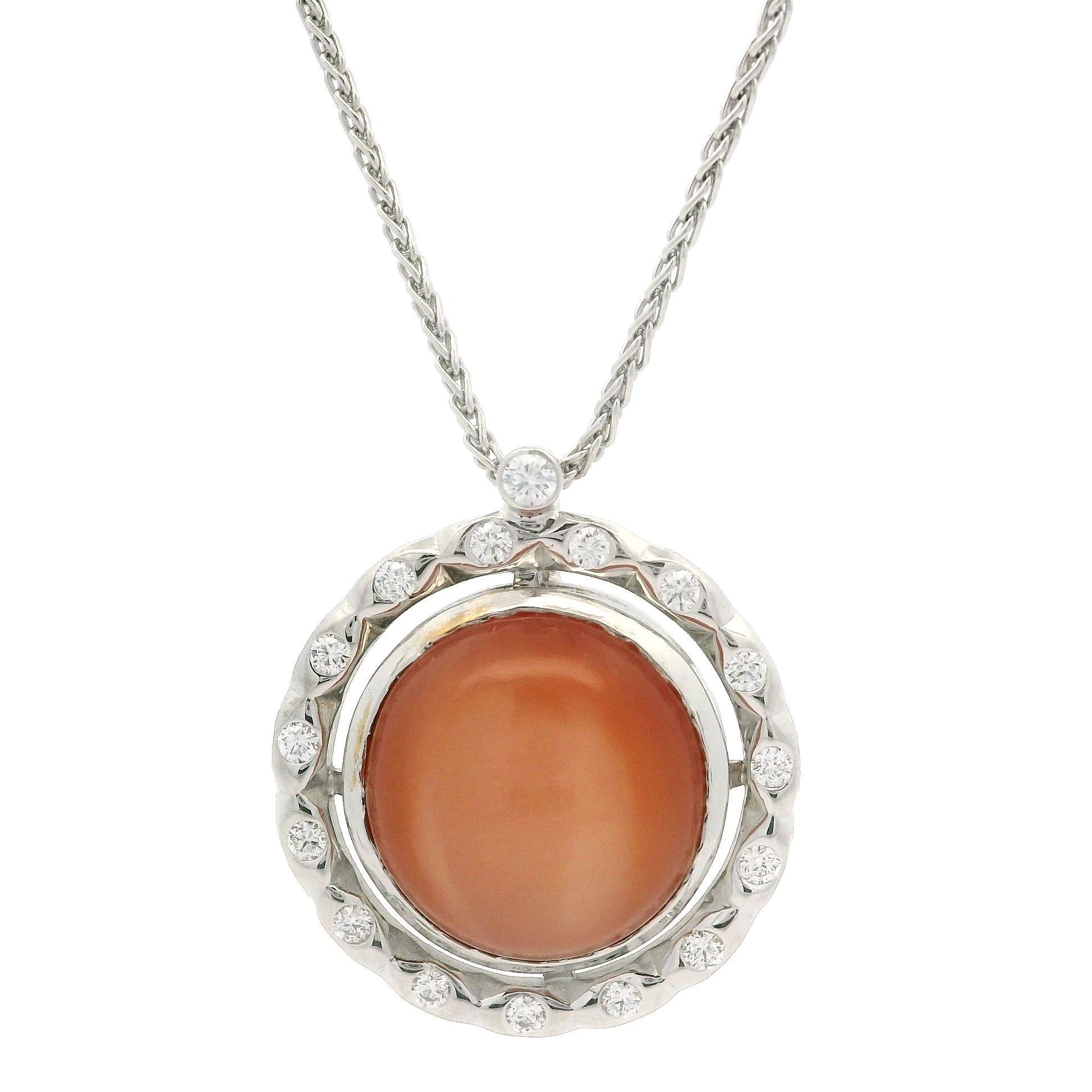 18k White gold 7.29ct Peach Orange Moonstone w/ Diamond Halo Pendant Necklace For Sale 6