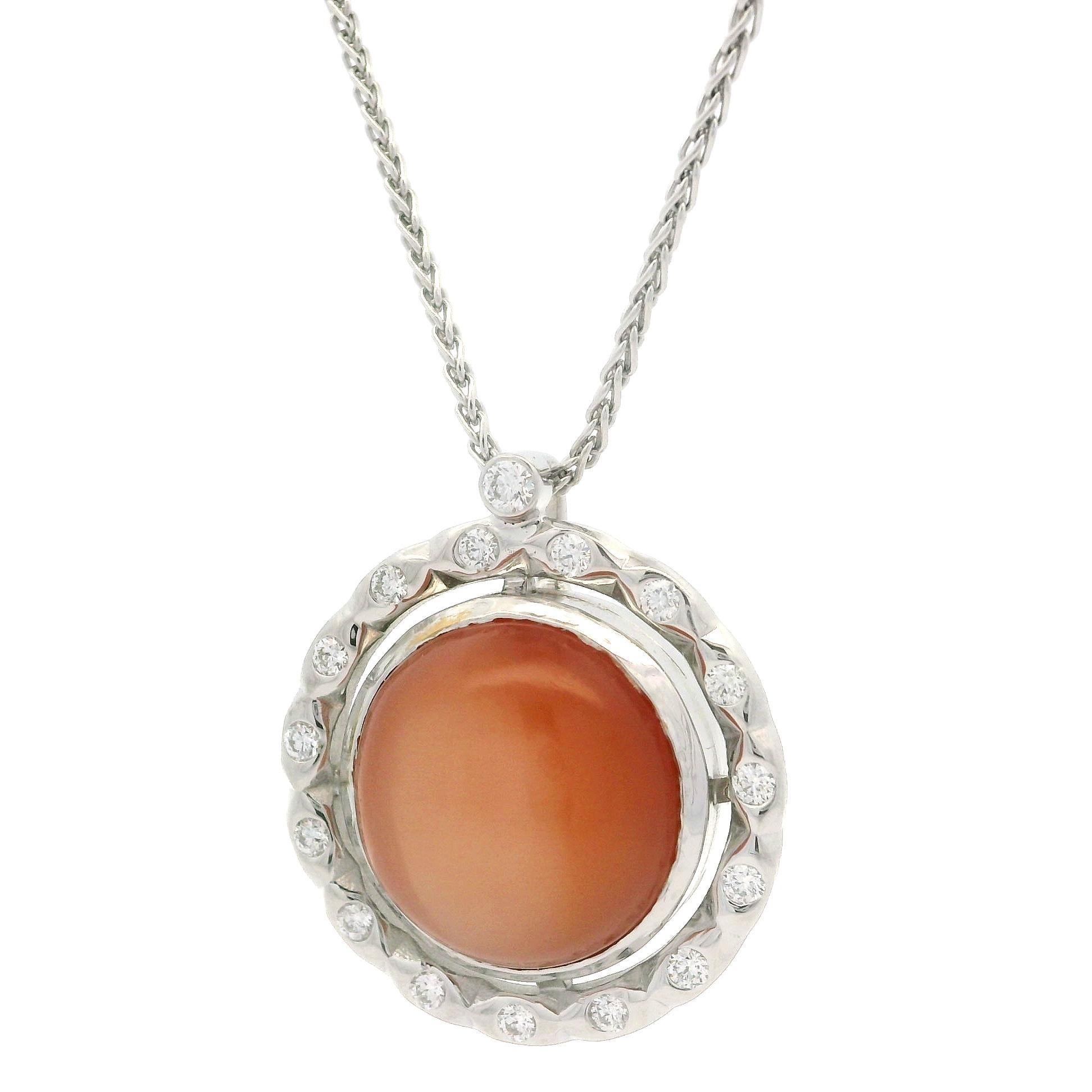 18k White gold 7.29ct Peach Orange Moonstone w/ Diamond Halo Pendant Necklace For Sale 8