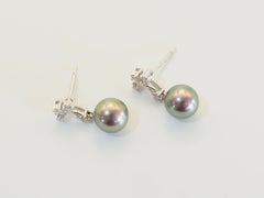 18K White Gold 7.2mm Green Peacock Tahiti Pearl & 0.13ct Diamond Dangle Earrings