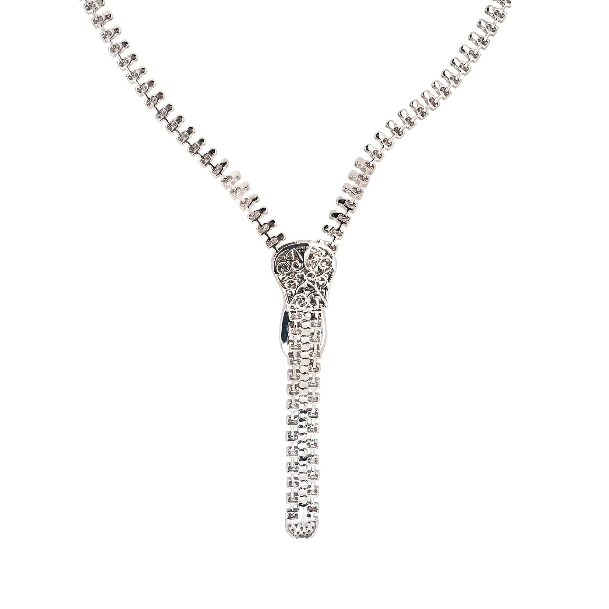 Round Cut 18k White Gold 7.33ct Round Brilliant Natural Diamond Zipper Necklace For Sale