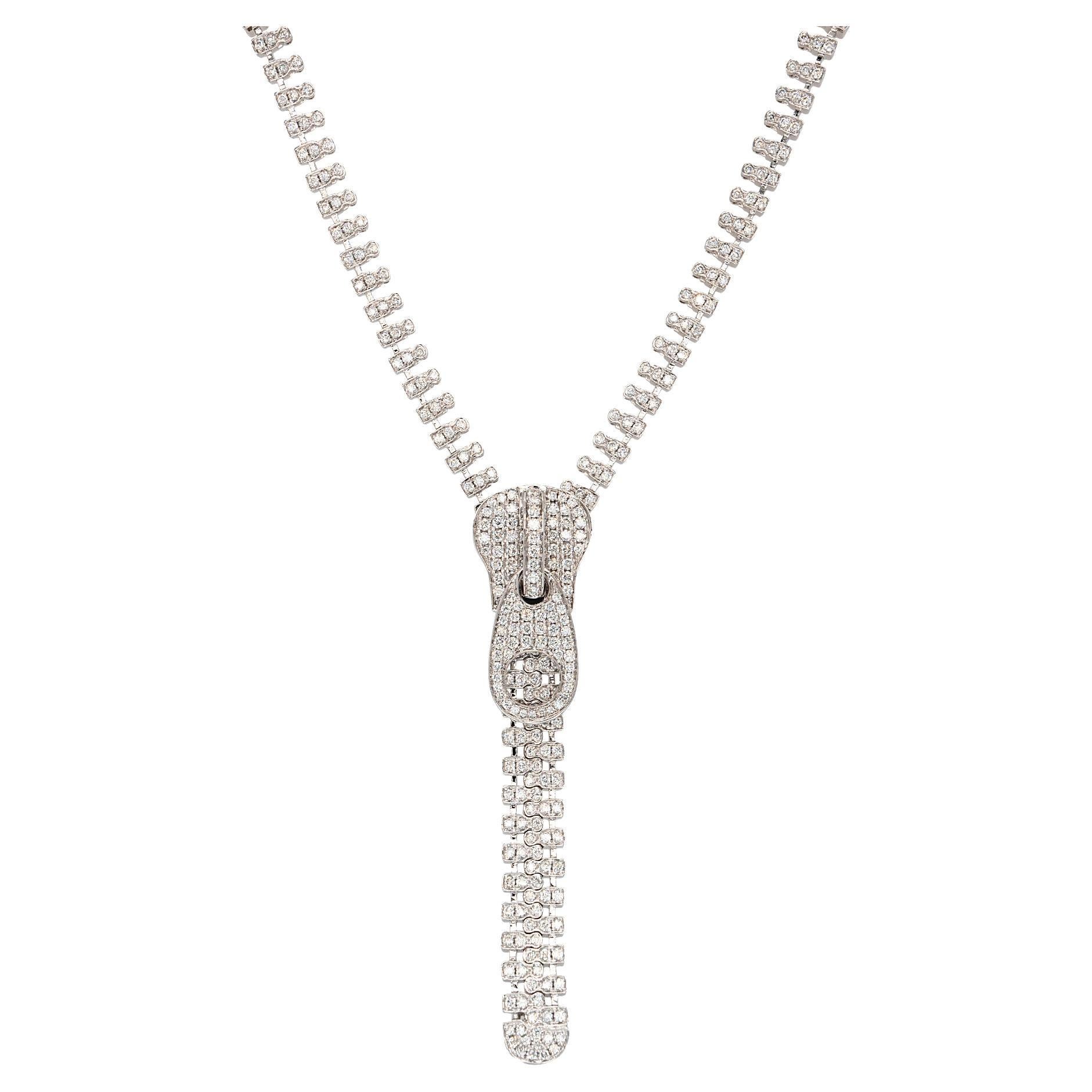 18k White Gold 7.33ct Round Brilliant Natural Diamond Zipper Necklace