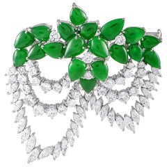 18K White Gold 7.50ct Diamond and Jade Art Nouveau Brooch