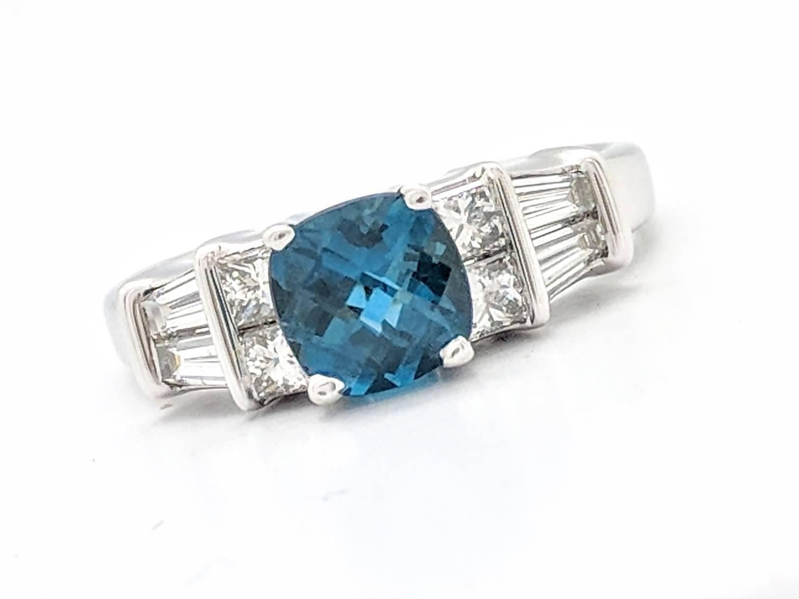  Ladies 18k White Gold .75ct Cushion Cut London Blue Topaz & Diamond Ring

You are viewing a beautiful London blue topaz & diamond ring. This ring is crafted from 18k white gold and weighs 4 grams. It features one (1) .75ct natural cushion cut