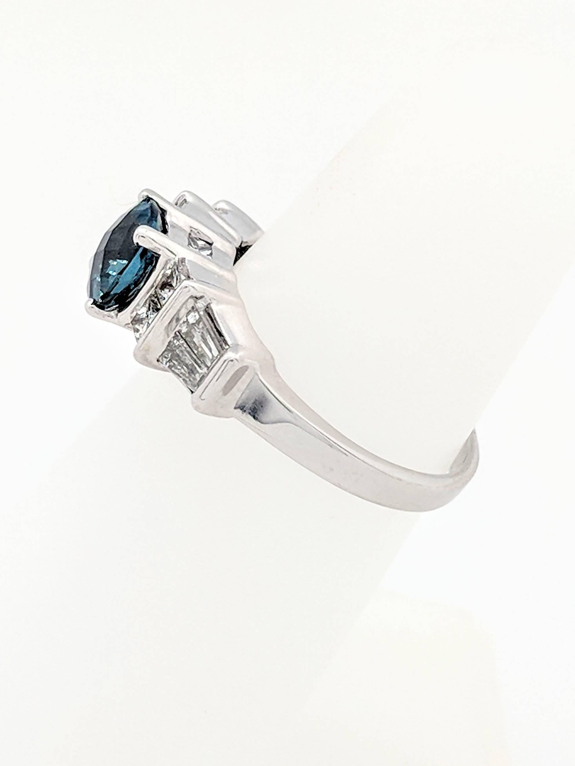 18 Karat White Gold .75 Carat Cushion Cut London Blue Topaz and Diamond Ring In Excellent Condition In Gainesville, FL