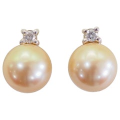 Pendientes de oro blanco de 18 quilates con perla dorada del Mar del Sur de 7,5 mm y diamantes de 0,07 ct