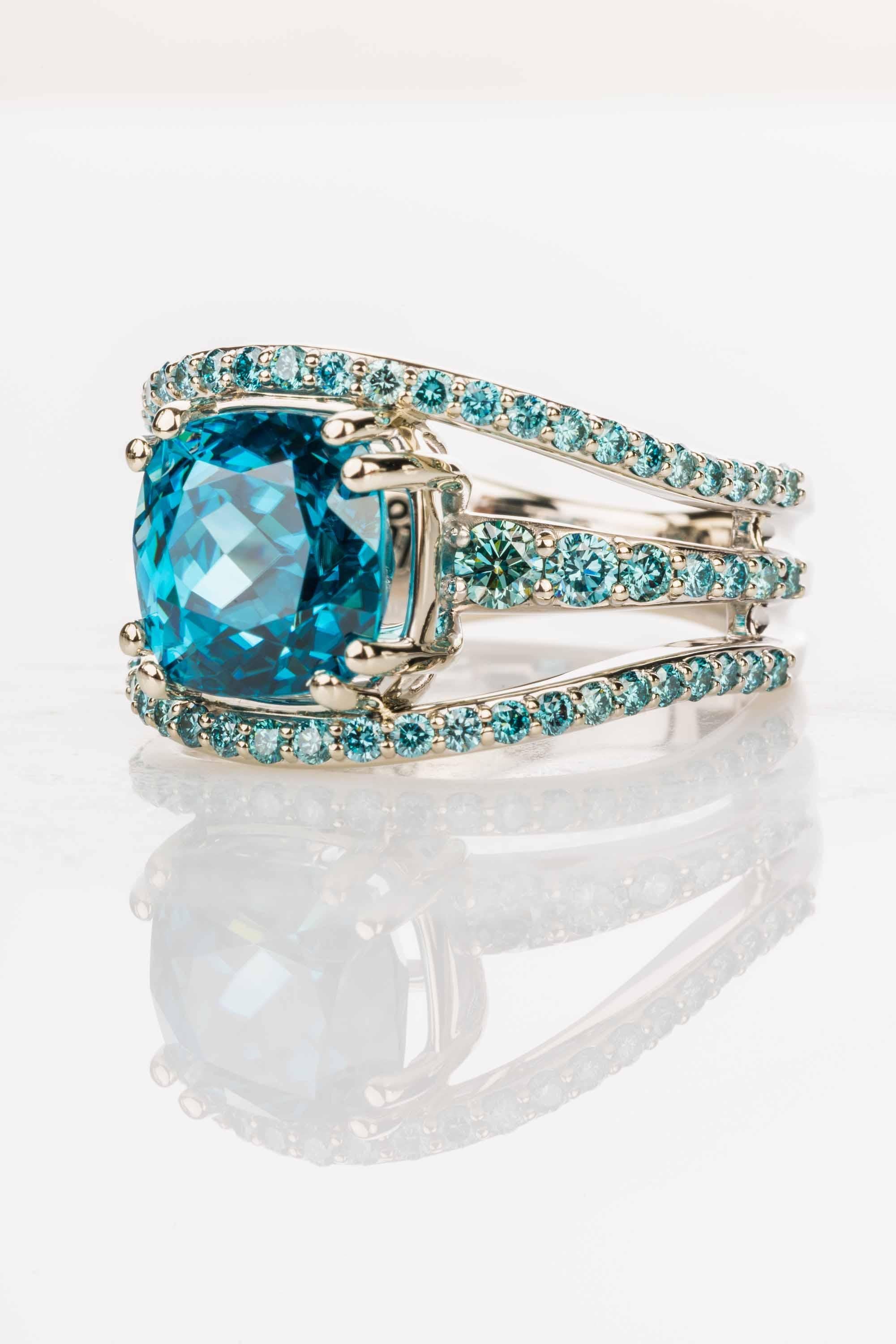 Contemporary 18 Karat White Gold 7.65 Carat Cushion Cut Blue Zircon Ring with Blue Diamonds