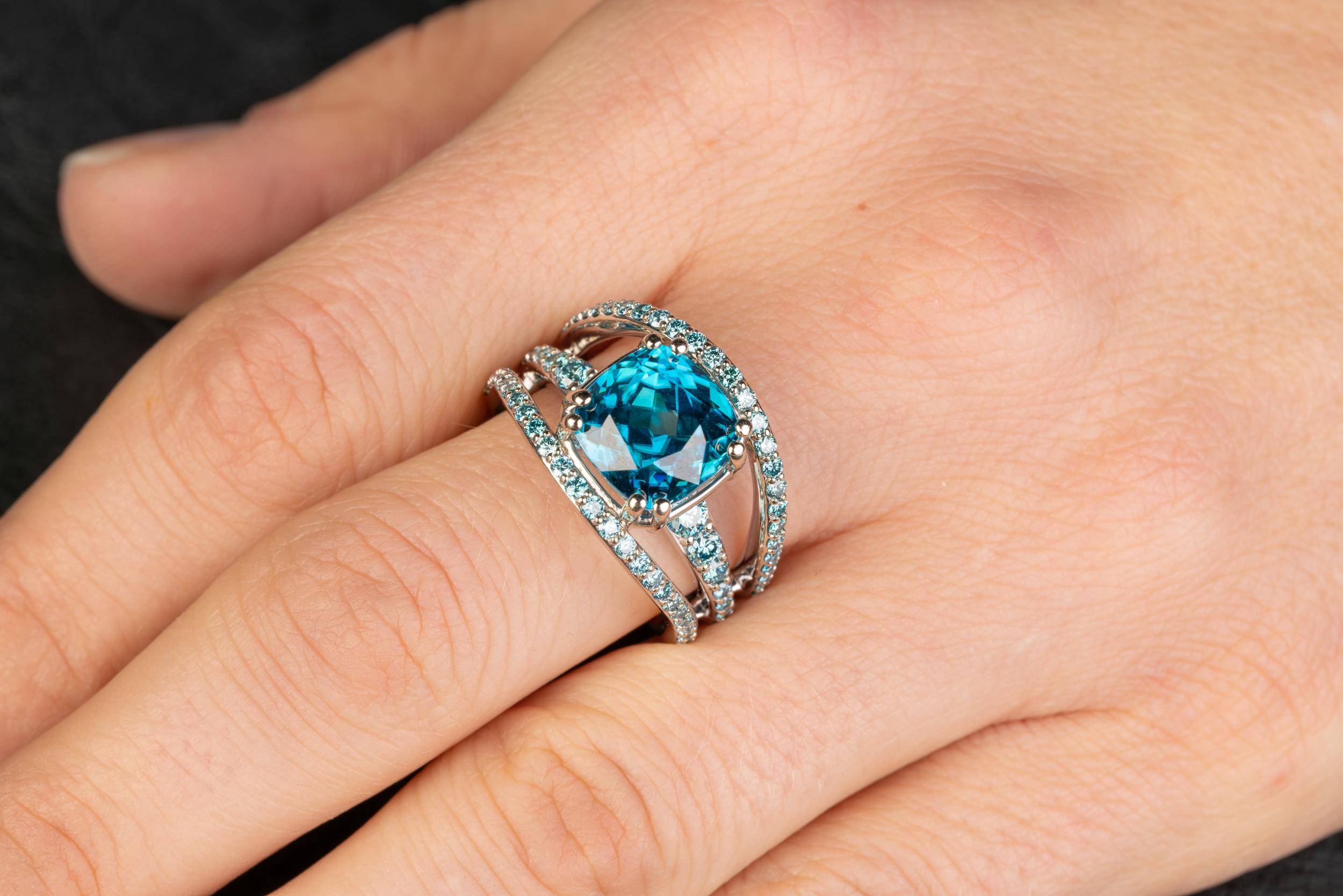 18 Karat White Gold 7.65 Carat Cushion Cut Blue Zircon Ring with Blue Diamonds In New Condition In Greenville, SC