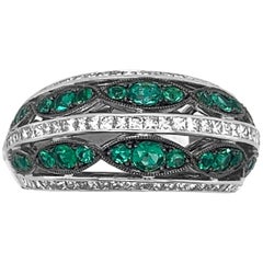 18K White Gold .78ct Diamond and Emerald Dome Ring