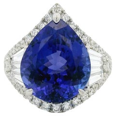 18k White Gold 7.95ctw Pear Cut Tanzanite & Round and Baguette Diamond Ring