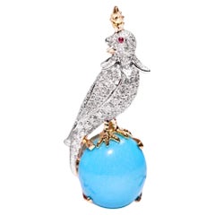 18K White Gold 8.13 CT Turquoise & Diamond Bird Brooch/Pendant